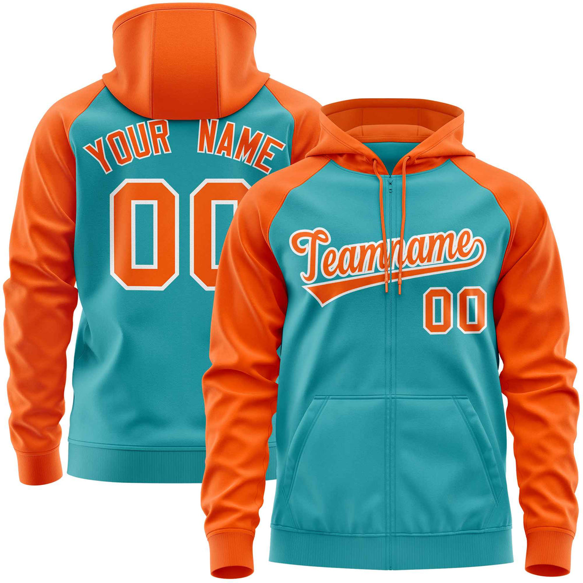 Custom Stitched Aqua Orange Raglan Sleeves Sports Full-Zip Sweatshirt Hoodie| KXKSHOP