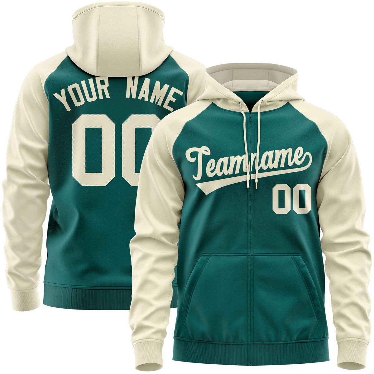 Custom Stitched Aqua Cream Raglan Sleeves Sports Full-Zip Sweatshirt Hoodie| KXKSHOP