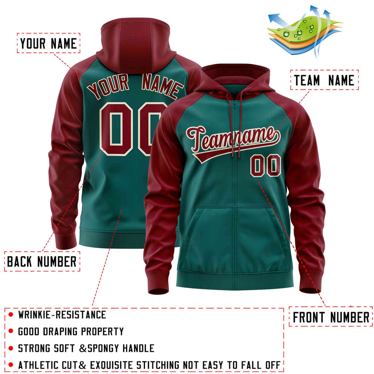 Custom Stitched Aqua Crimson Raglan Sleeves Sports Full-Zip Sweatshirt Hoodie| KXKSHOP