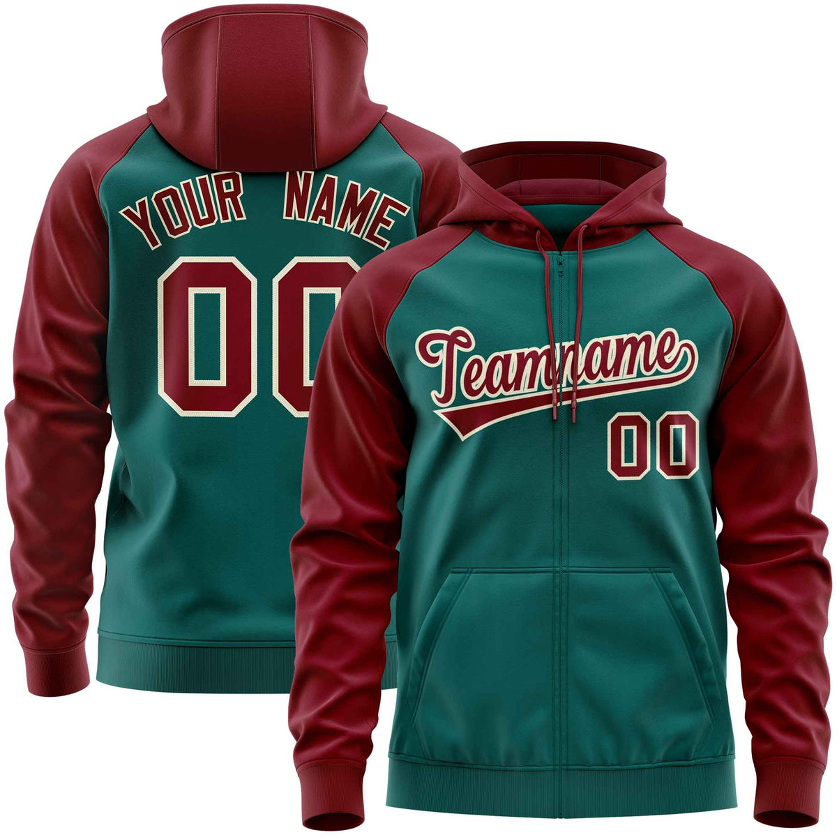 Custom Stitched Aqua Crimson Raglan Sleeves Sports Full-Zip Sweatshirt Hoodie| KXKSHOP