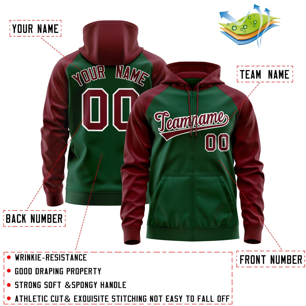 Custom Stitched Green Crimson-White Raglan Sleeves Sports Full-Zip Sweatshirt Hoodie| KXKSHOP