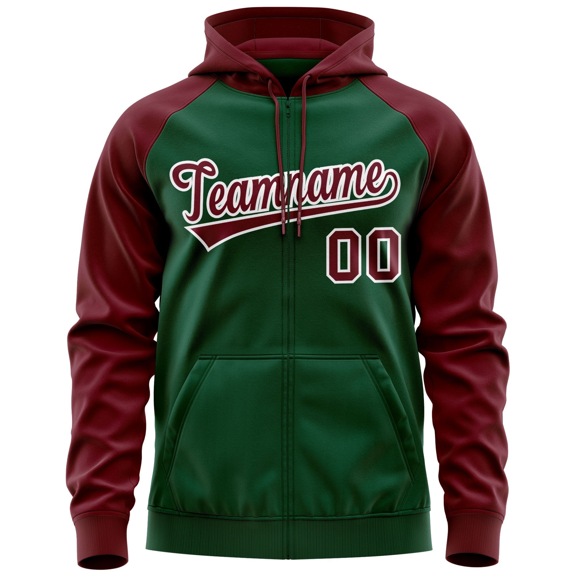 Custom Stitched Green Crimson-White Raglan Sleeves Sports Full-Zip Sweatshirt Hoodie| KXKSHOP
