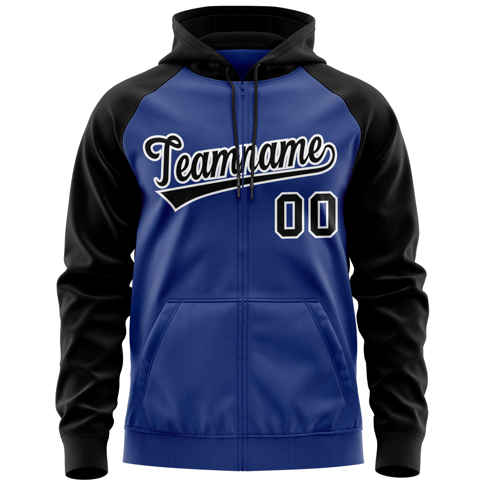 Custom Stitched Royal Black-White Raglan Sleeves Sports Full-Zip Sweatshirt Hoodie| KXKSHOP
