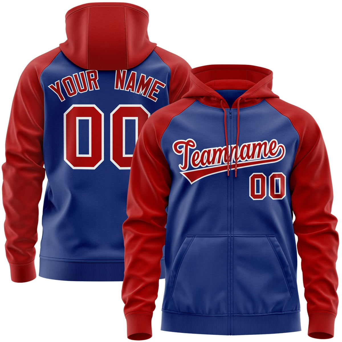Custom Stitched Royal Red-White Raglan Sleeves Sports Full-Zip Sweatshirt Hoodie| KXKSHOP