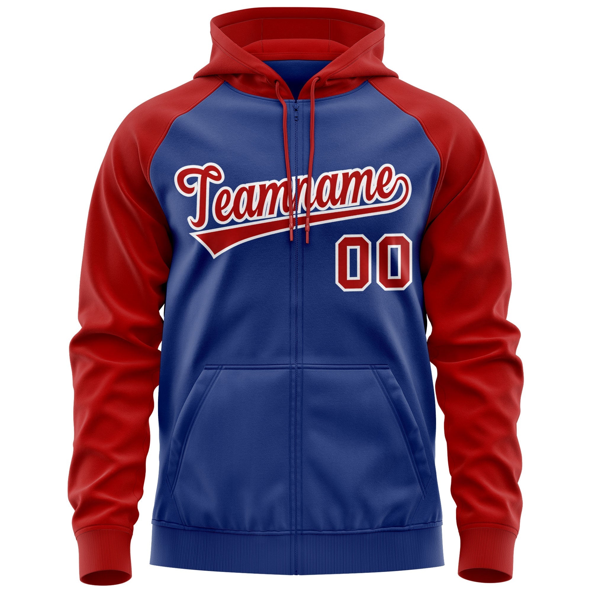 Custom Stitched Royal Red-White Raglan Sleeves Sports Full-Zip Sweatshirt Hoodie| KXKSHOP