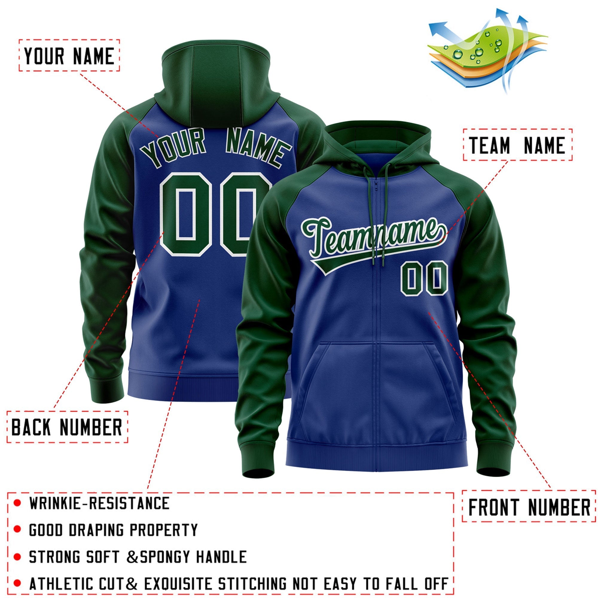 Custom Stitched Royal Green-White Raglan Sleeves Sports Full-Zip Sweatshirt Hoodie| KXKSHOP