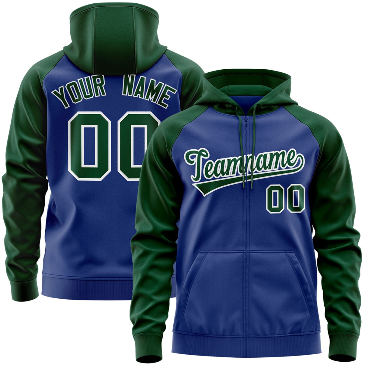 Custom Stitched Royal Green-White Raglan Sleeves Sports Full-Zip Sweatshirt Hoodie| KXKSHOP