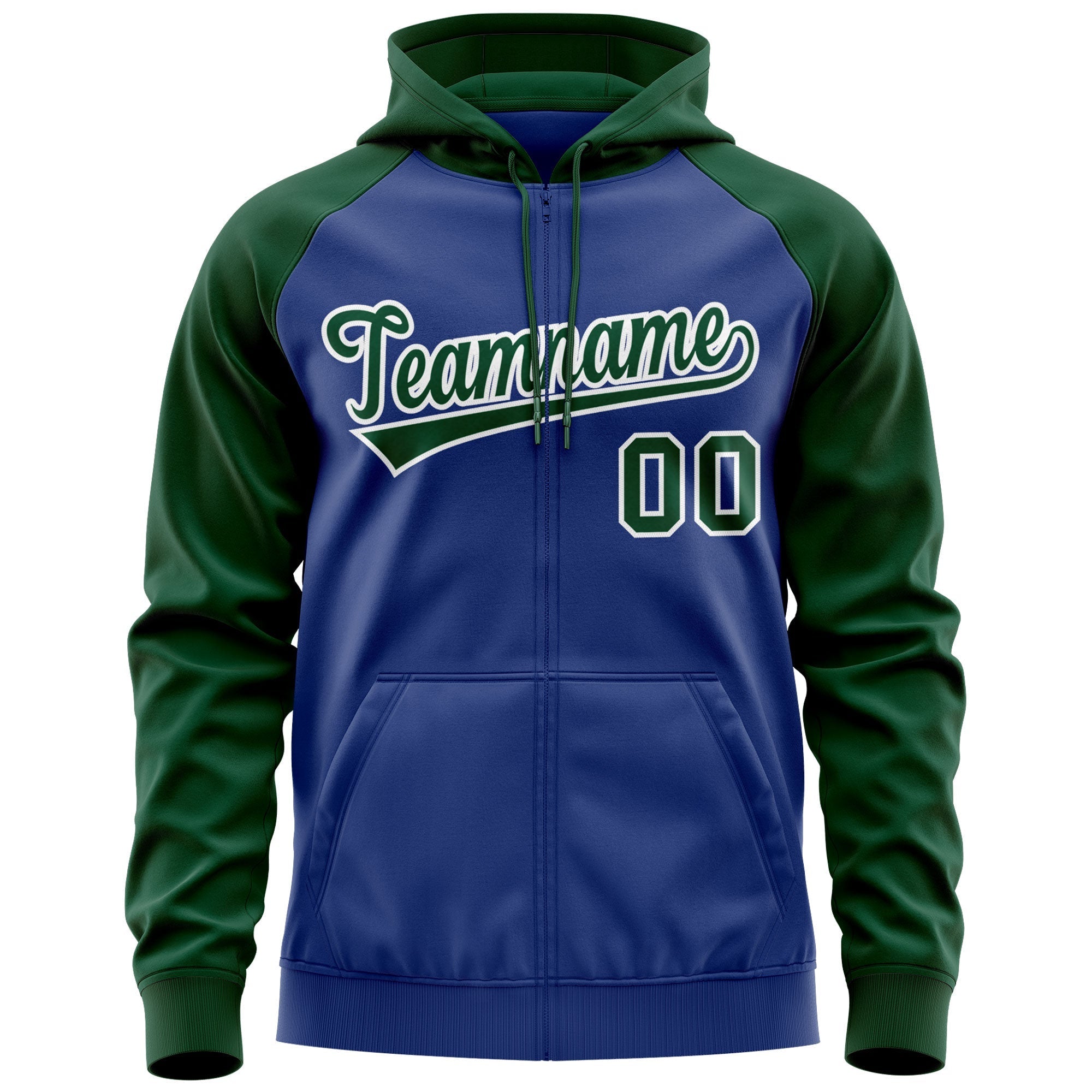 Custom Stitched Royal Green-White Raglan Sleeves Sports Full-Zip Sweatshirt Hoodie| KXKSHOP