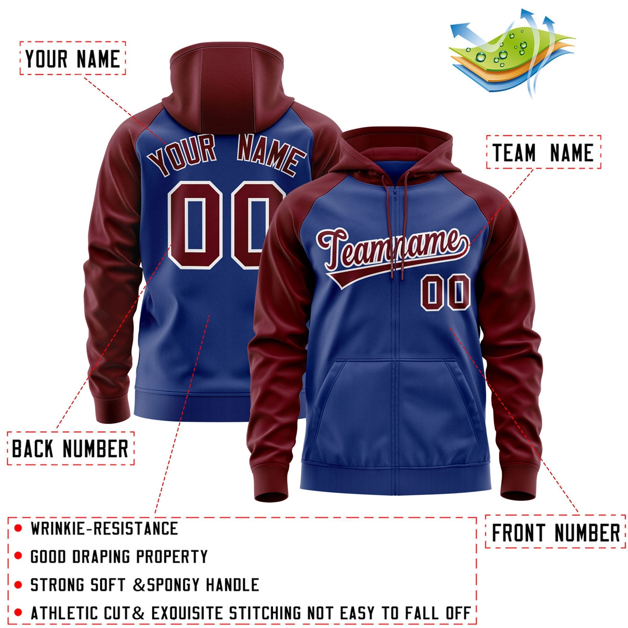 Custom Stitched Royal Crimson-White Raglan Sleeves Sports Full-Zip Sweatshirt Hoodie| KXKSHOP