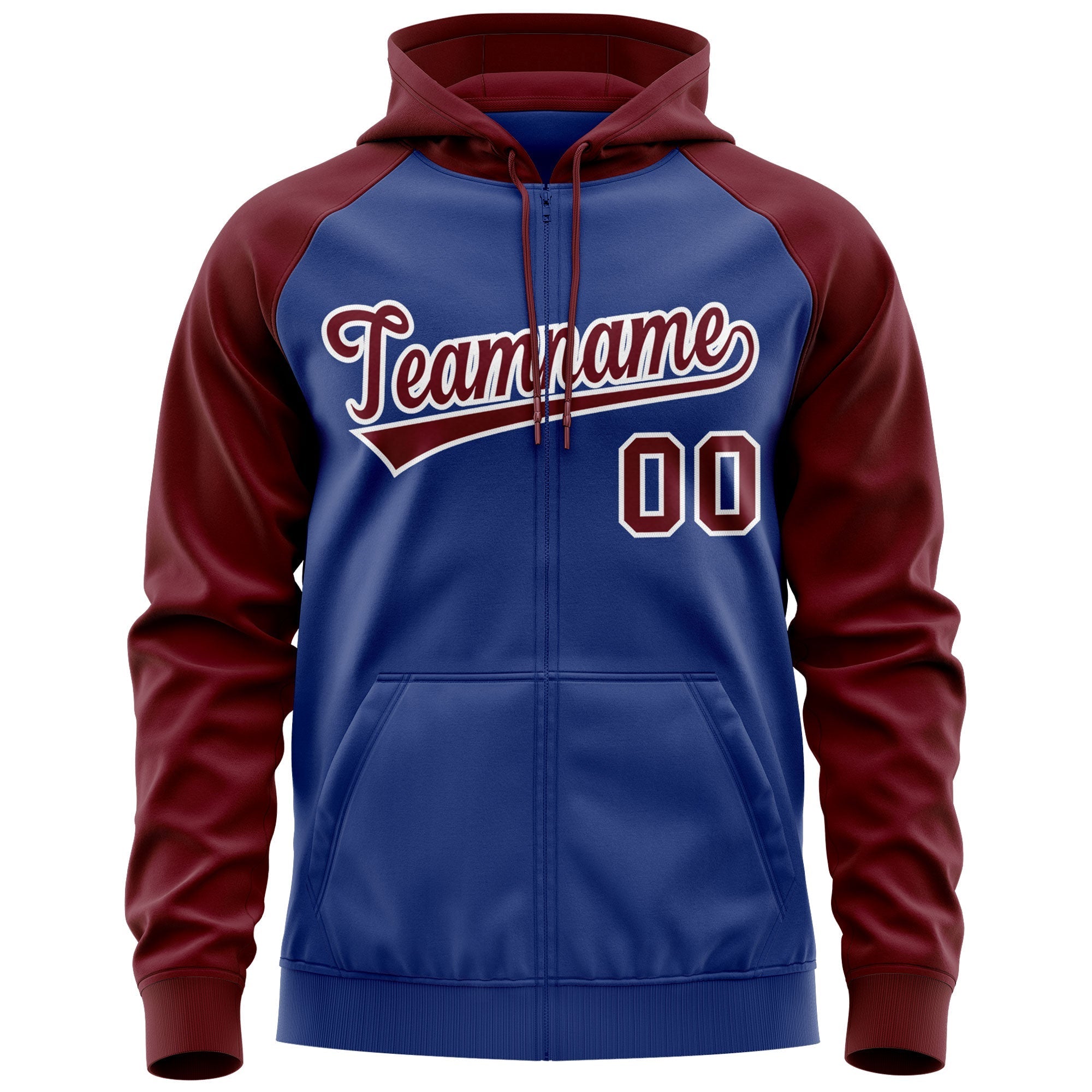 Custom Stitched Royal Crimson-White Raglan Sleeves Sports Full-Zip Sweatshirt Hoodie| KXKSHOP