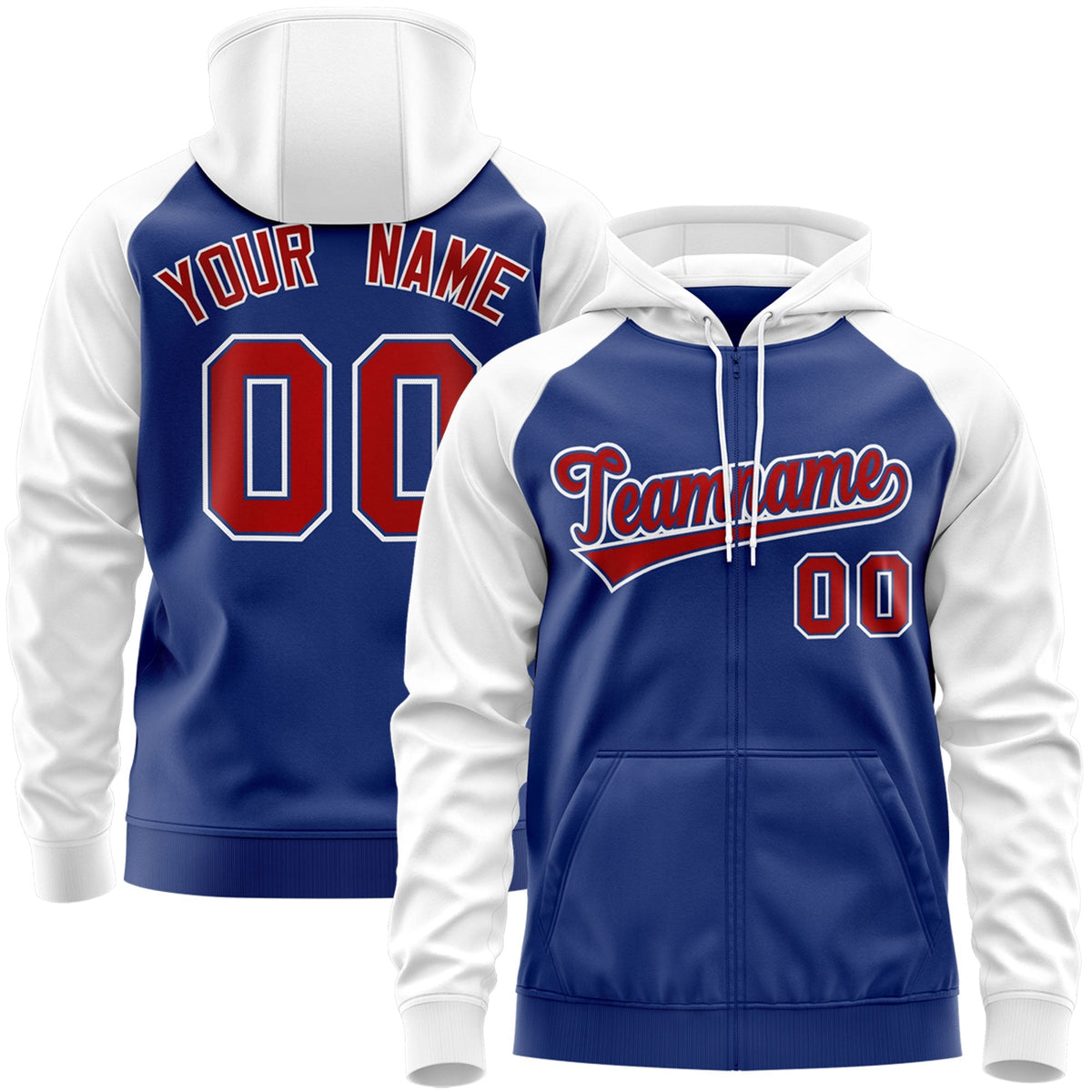 Custom Stitched Royal Red-White Raglan Sleeves Sports Full-Zip Sweatshirt Hoodie| KXKSHOP