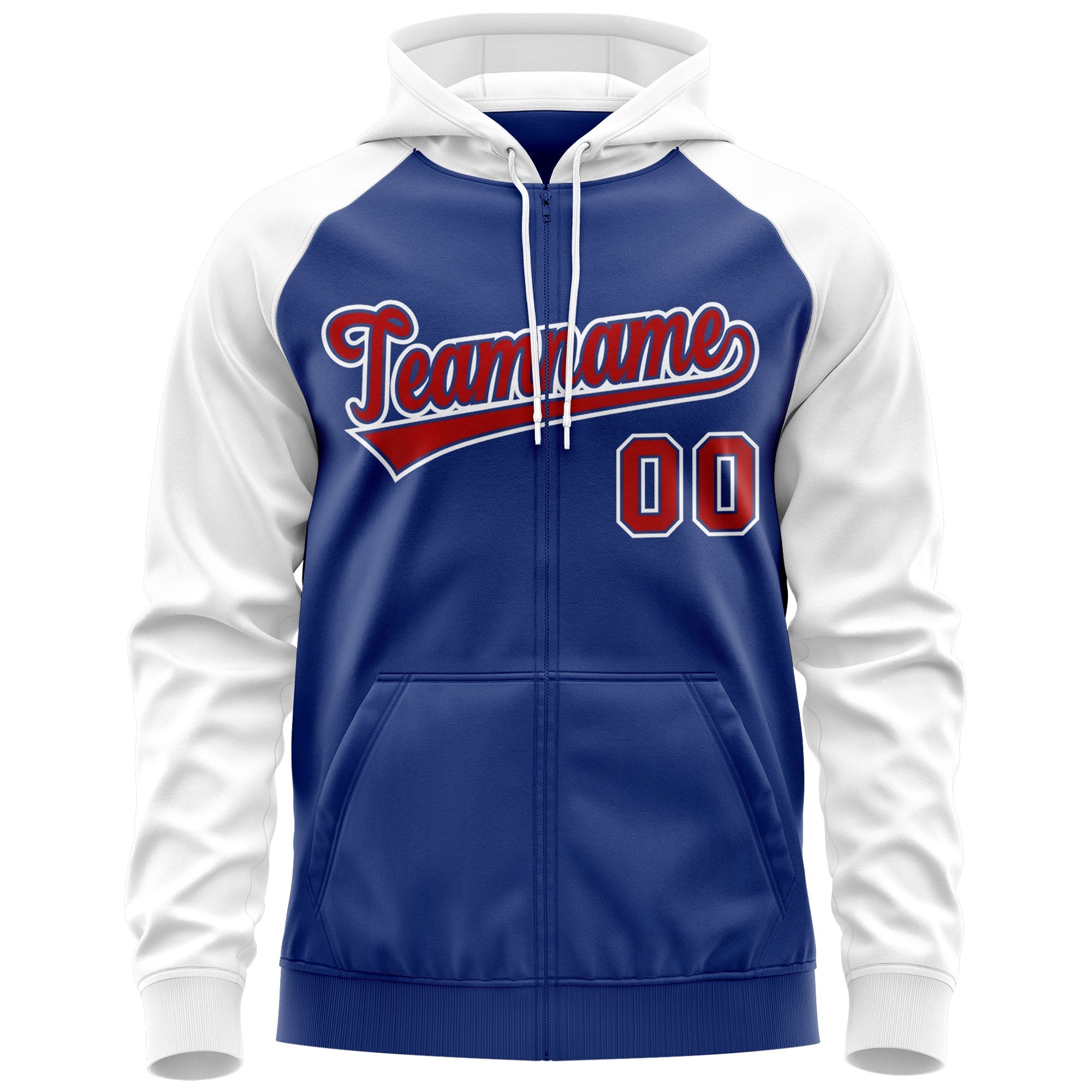 Custom Stitched Royal Red-White Raglan Sleeves Sports Full-Zip Sweatshirt Hoodie| KXKSHOP