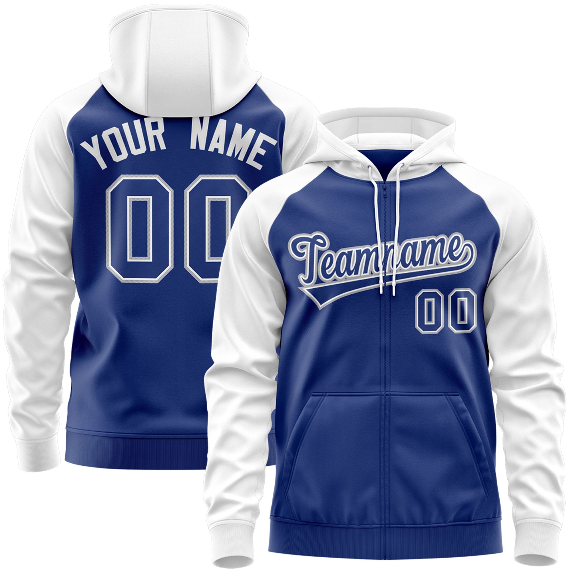 Custom Stitched Royal White-Gray Raglan Sleeves Sports Full-Zip Sweatshirt Hoodie| KXKSHOP