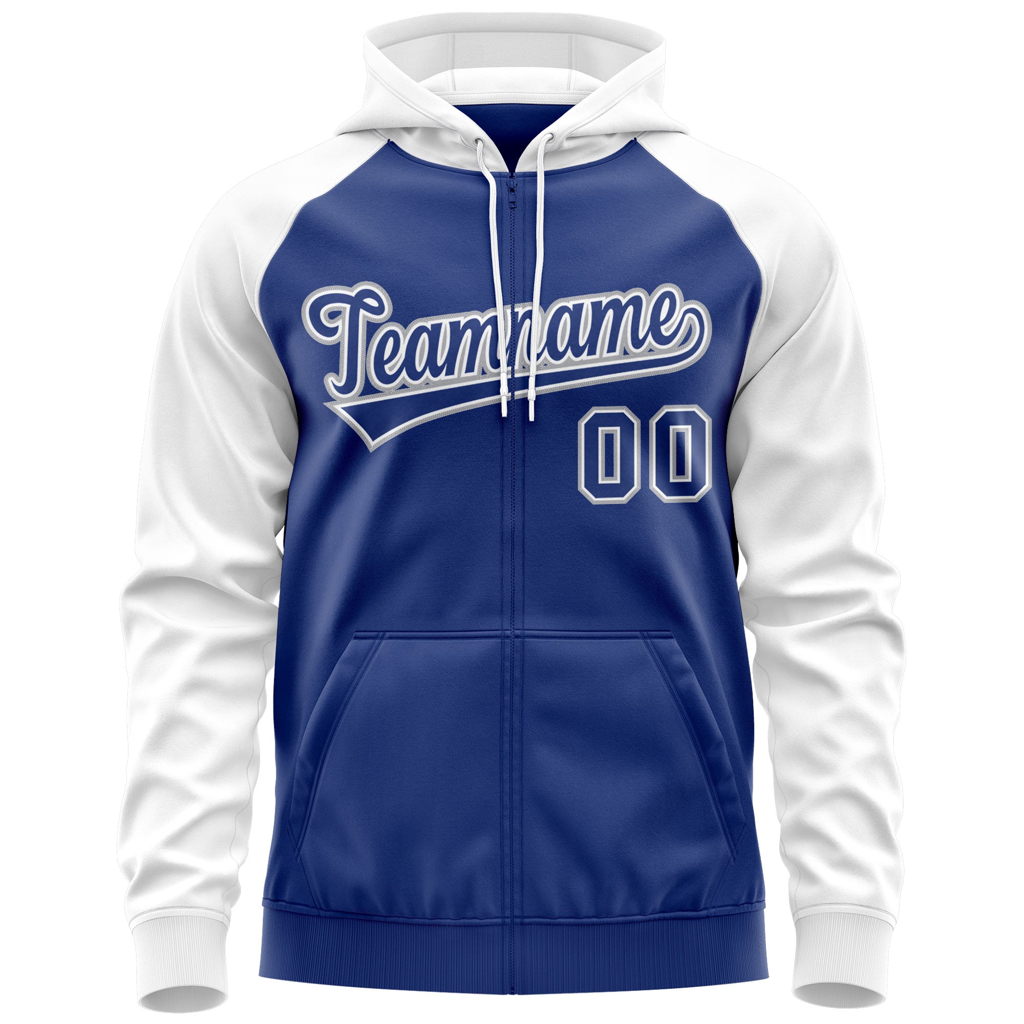 Custom Stitched Royal White-Gray Raglan Sleeves Sports Full-Zip Sweatshirt Hoodie| KXKSHOP