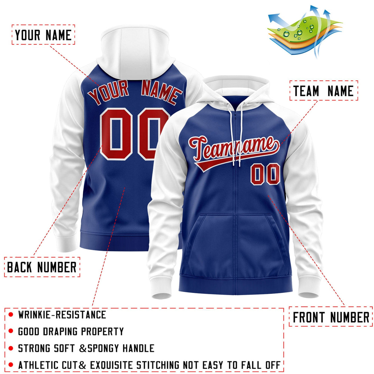 Custom Stitched Royal Red-White Raglan Sleeves Sports Full-Zip Sweatshirt Hoodie| KXKSHOP