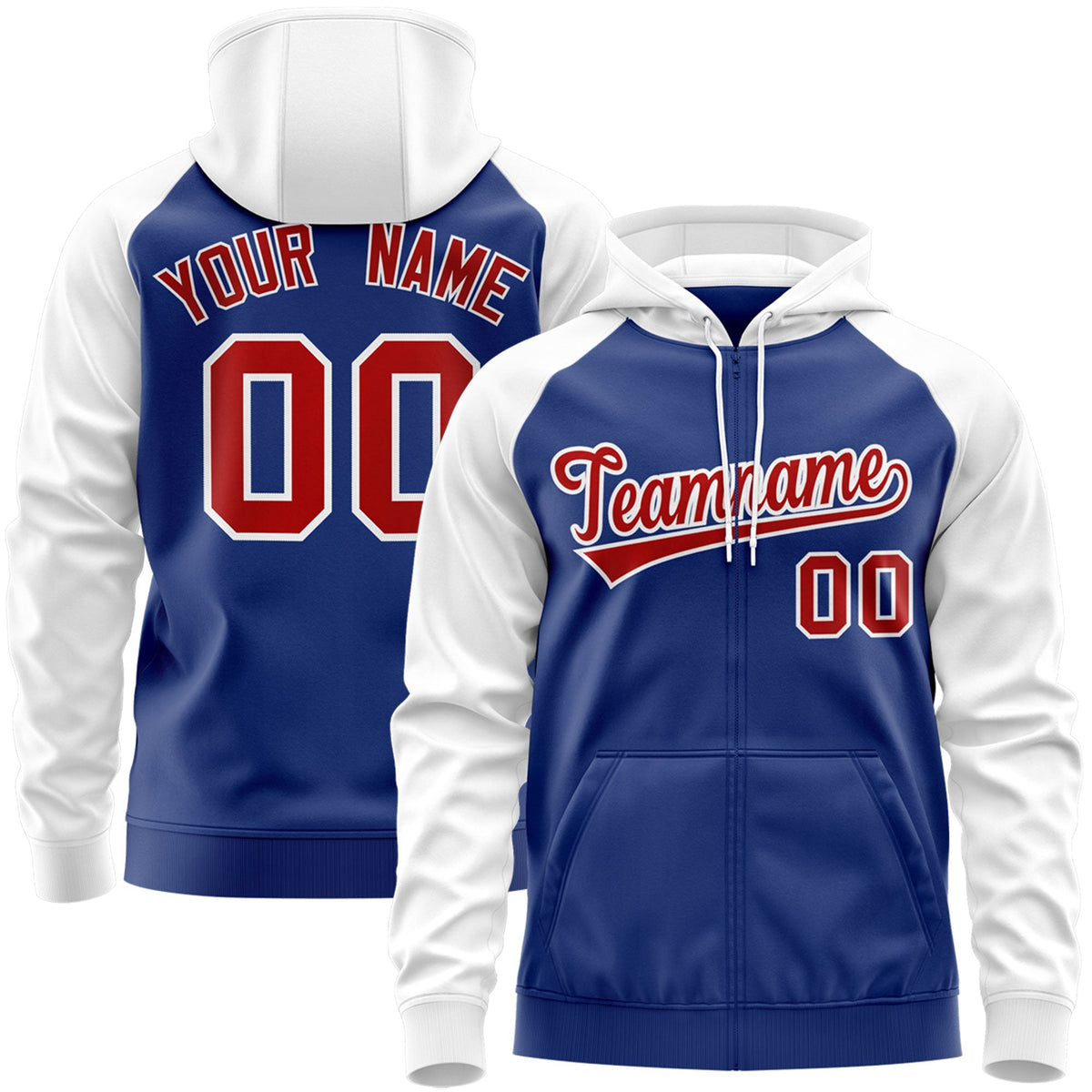 Custom Stitched Royal Red-White Raglan Sleeves Sports Full-Zip Sweatshirt Hoodie| KXKSHOP
