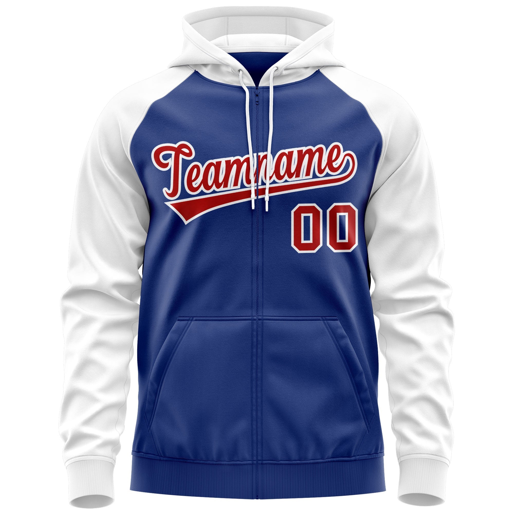 Custom Stitched Royal Red-White Raglan Sleeves Sports Full-Zip Sweatshirt Hoodie| KXKSHOP