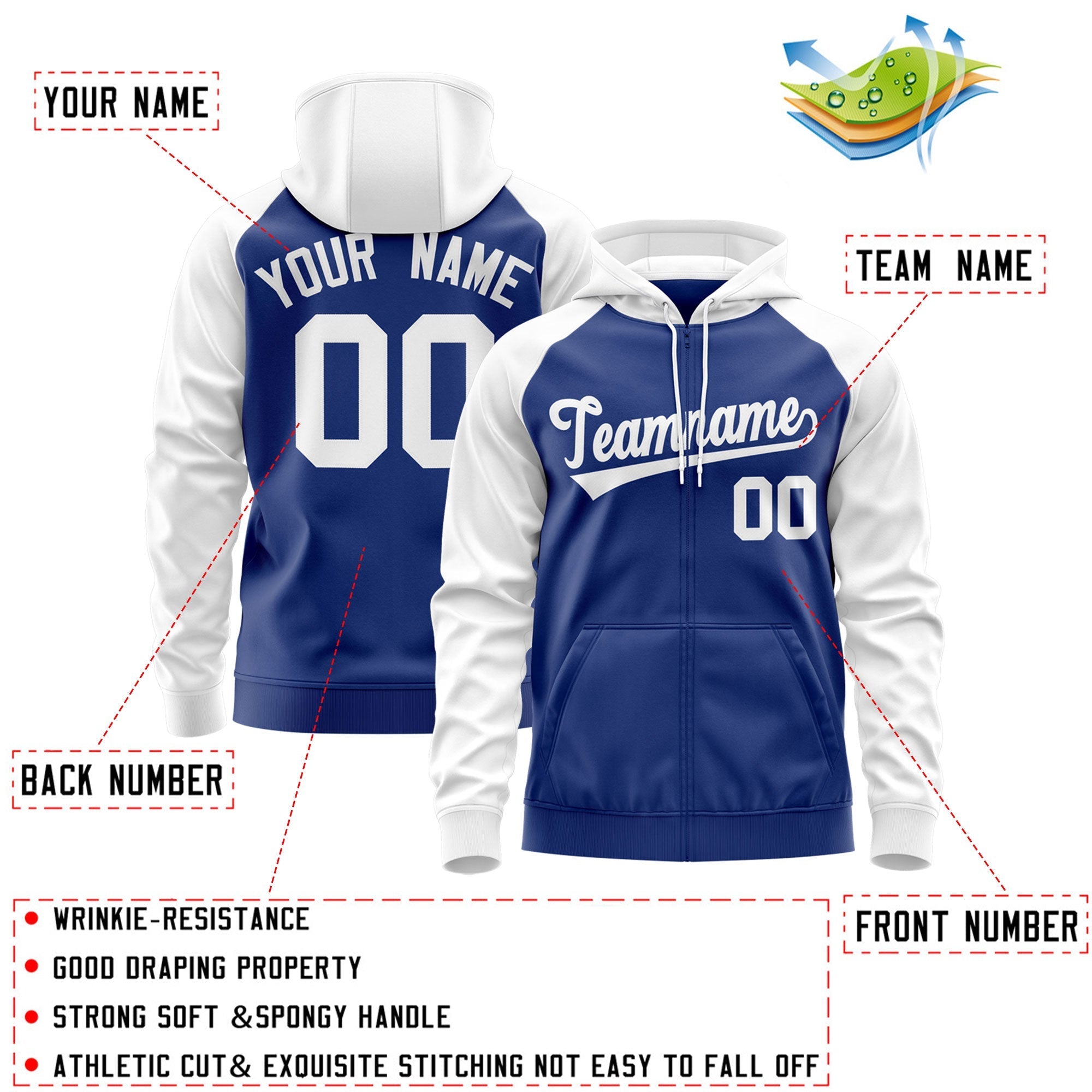 Custom Stitched Royal White Raglan Sleeves Sports Full-Zip Sweatshirt Hoodie| KXKSHOP
