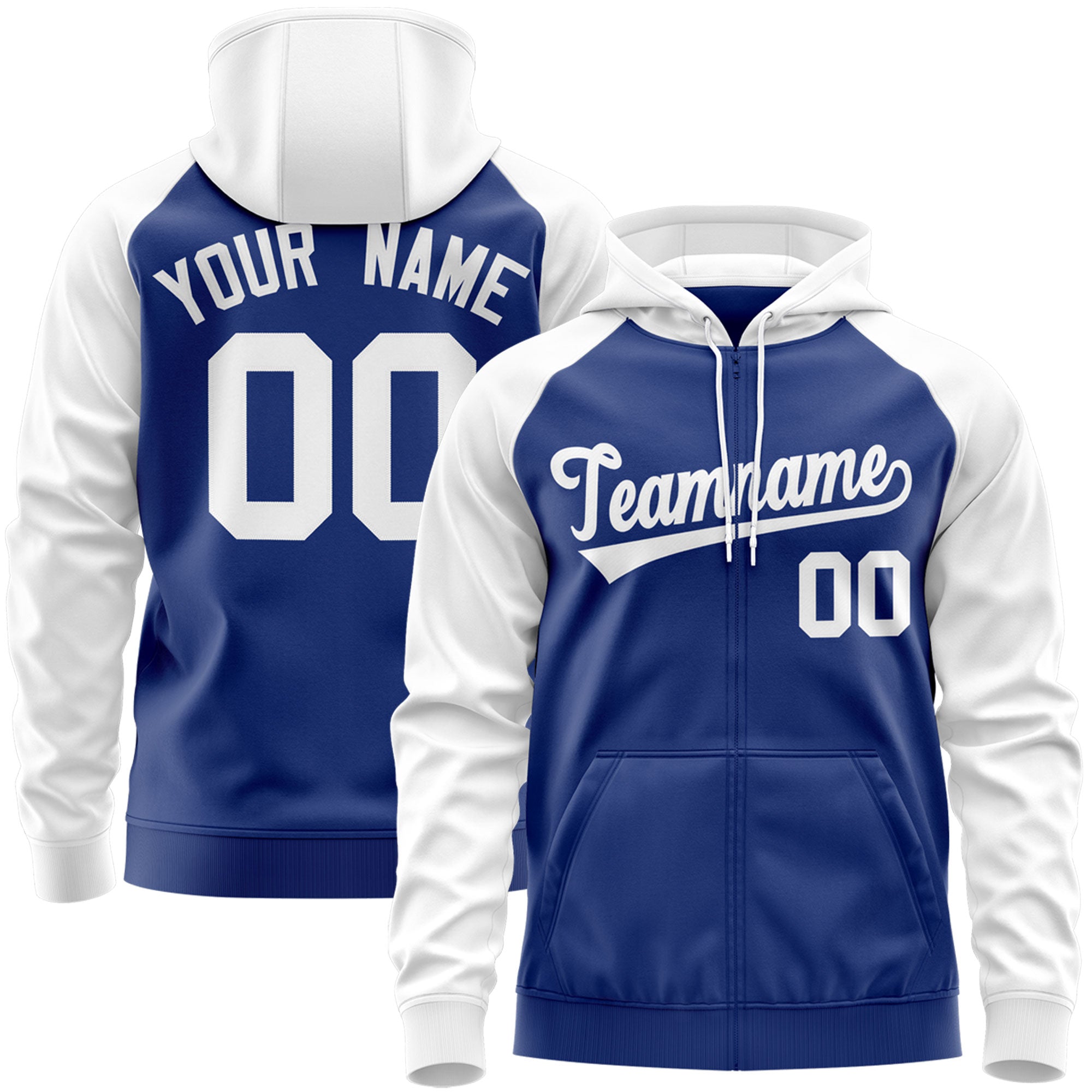 Custom Stitched Royal White Raglan Sleeves Sports Full-Zip Sweatshirt Hoodie| KXKSHOP