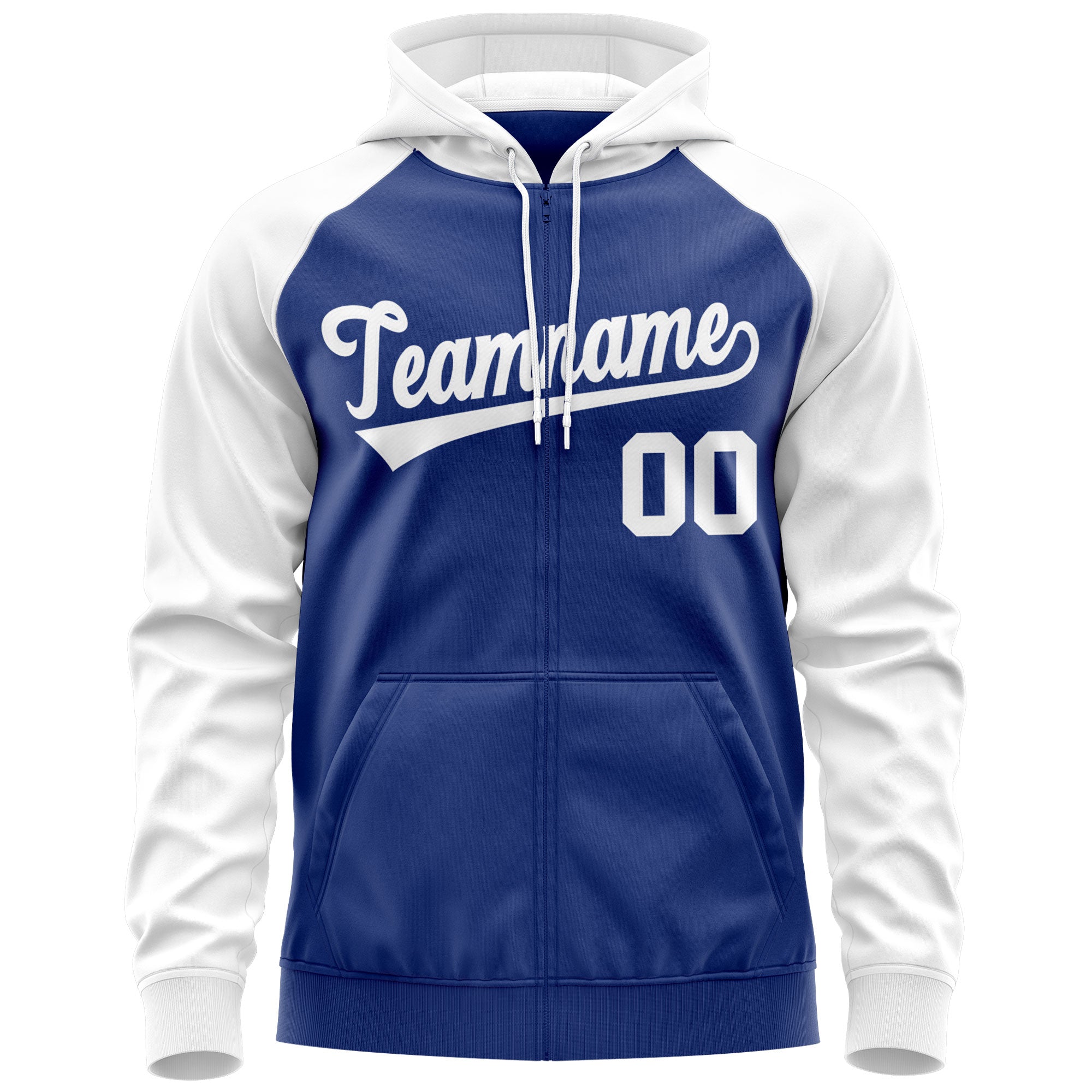 Custom Stitched Royal White Raglan Sleeves Sports Full-Zip Sweatshirt Hoodie| KXKSHOP