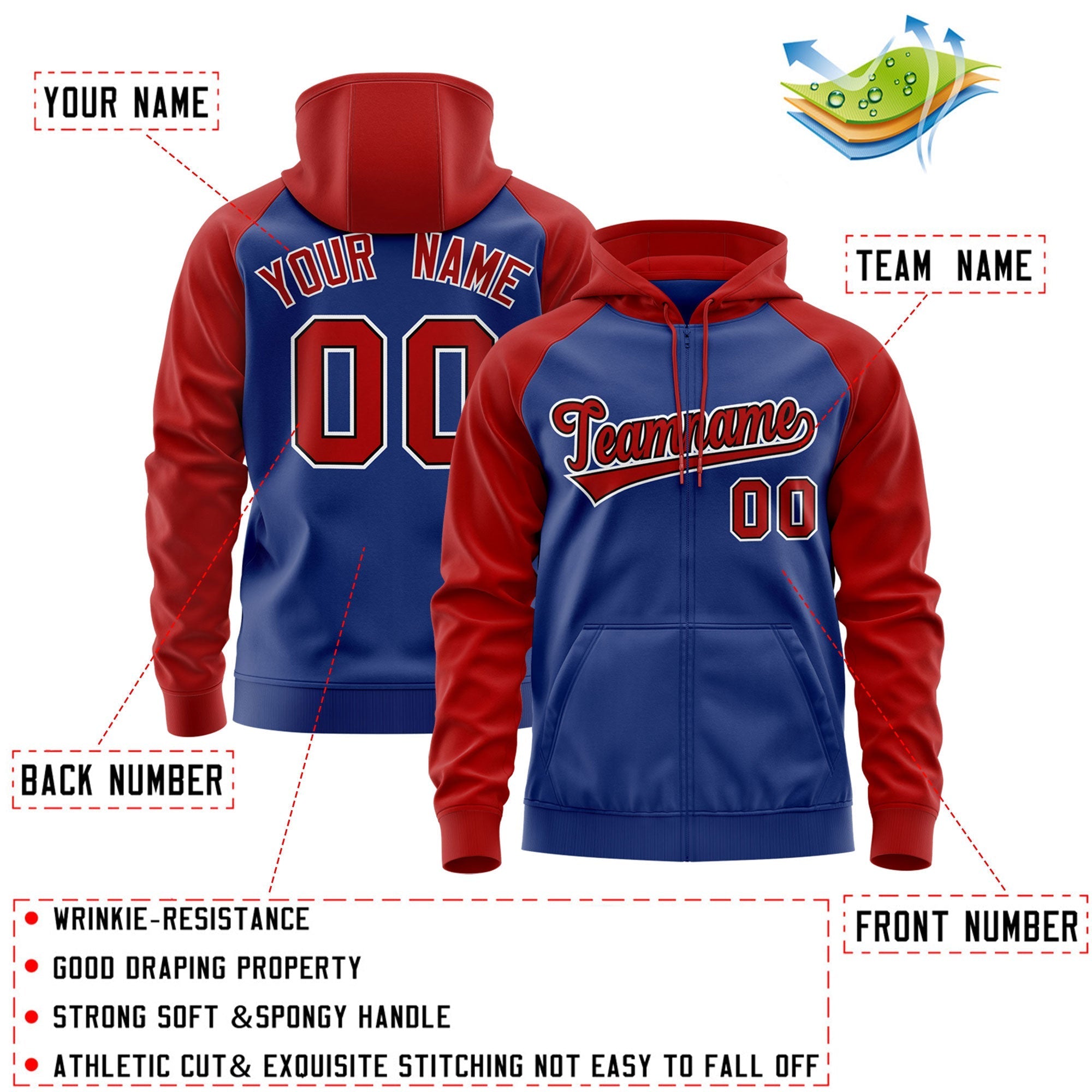 Custom Stitched Royal Red-White Raglan Sleeves Sports Full-Zip Sweatshirt Hoodie| KXKSHOP