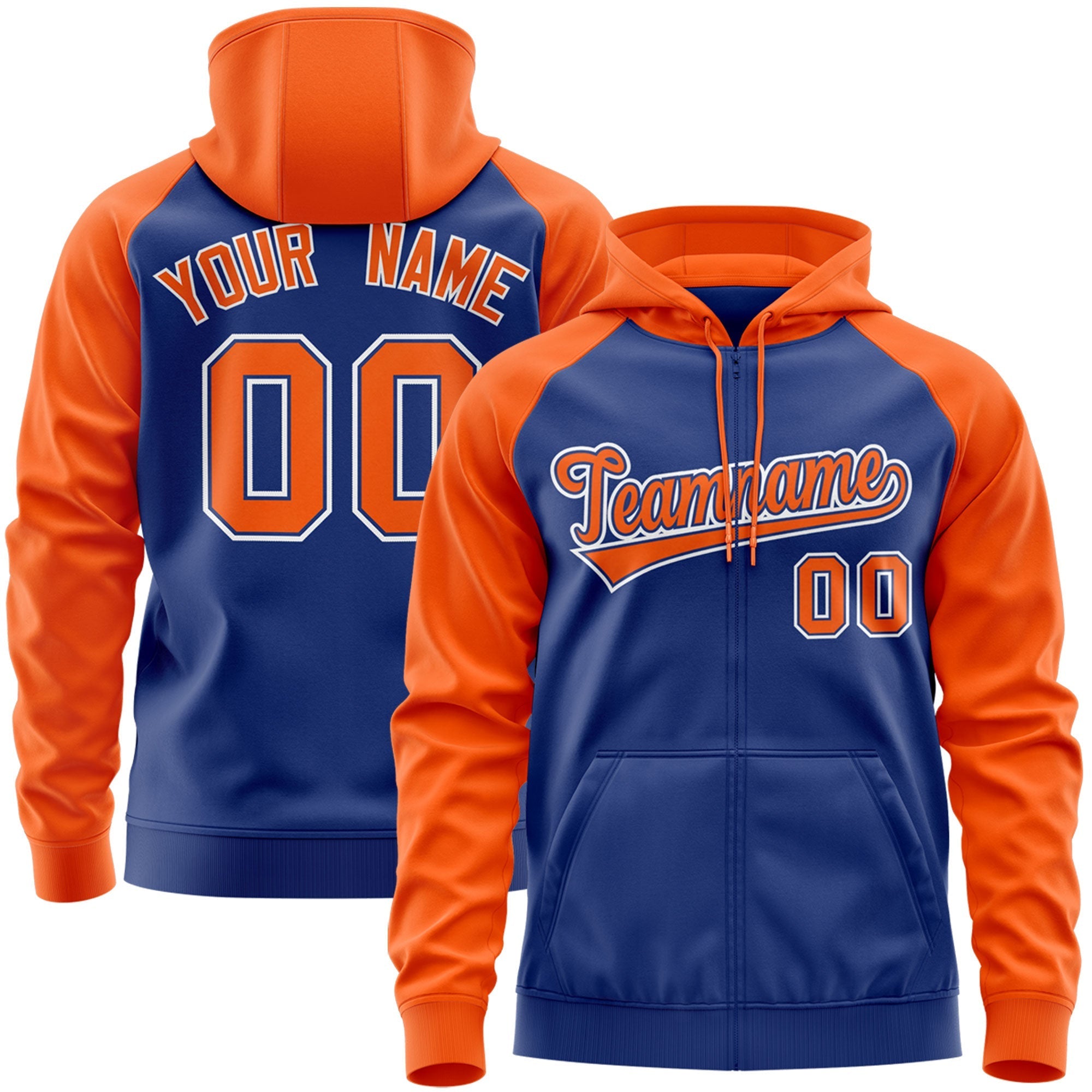 Custom Stitched Royal Orange-White Raglan Sleeves Sports Full-Zip Sweatshirt Hoodie| KXKSHOP