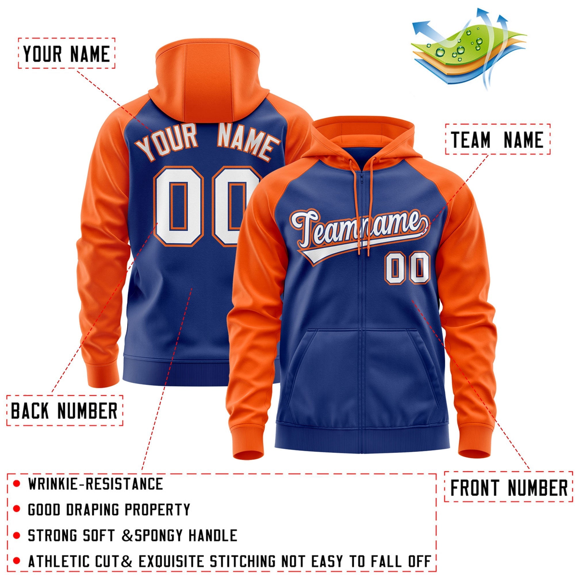 Custom Stitched Royal White-Orange Raglan Sleeves Sports Full-Zip Sweatshirt Hoodie| KXKSHOP