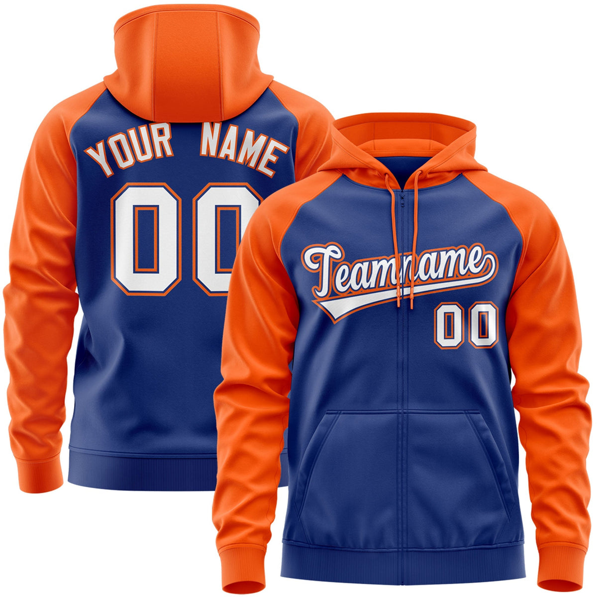 Custom Stitched Royal White-Orange Raglan Sleeves Sports Full-Zip Sweatshirt Hoodie| KXKSHOP