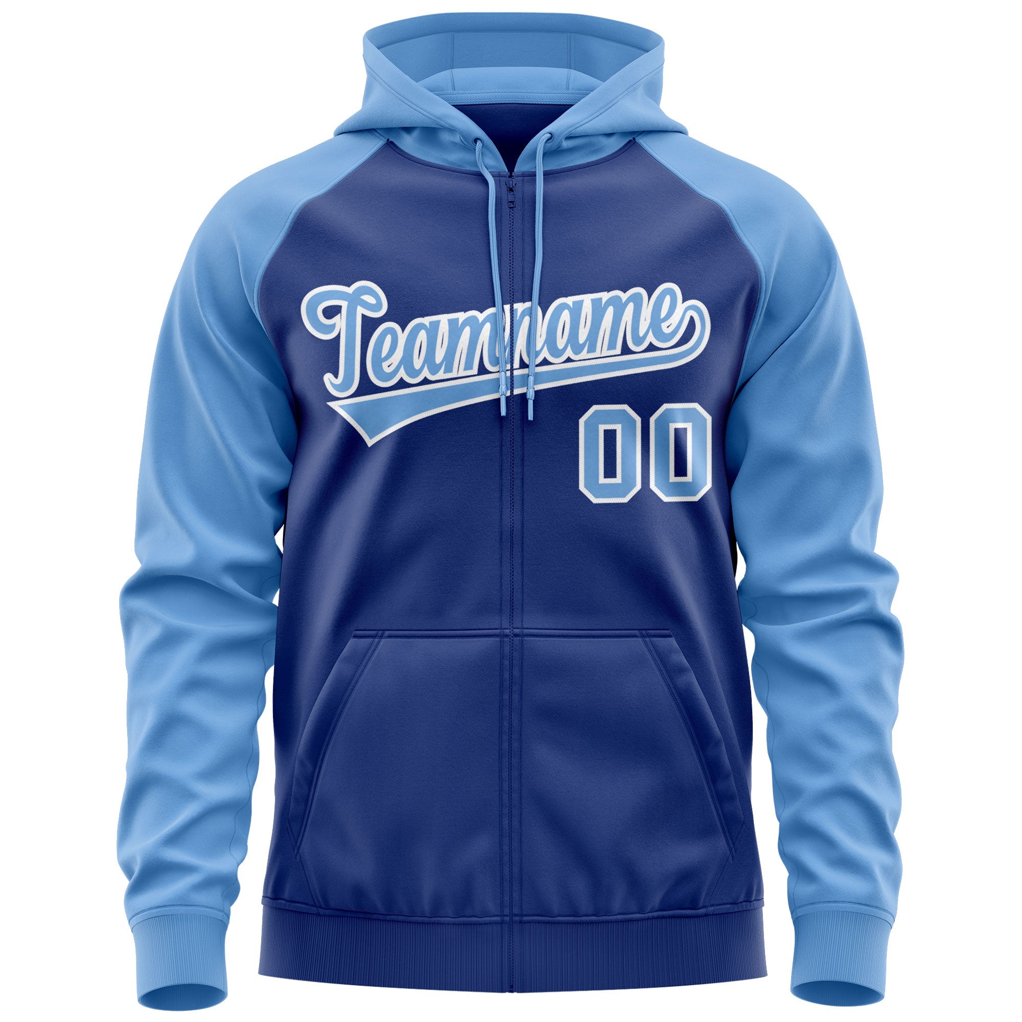 Custom Stitched Royal Light Blue-White Raglan Sleeves Sports Full-Zip Sweatshirt Hoodie| KXKSHOP