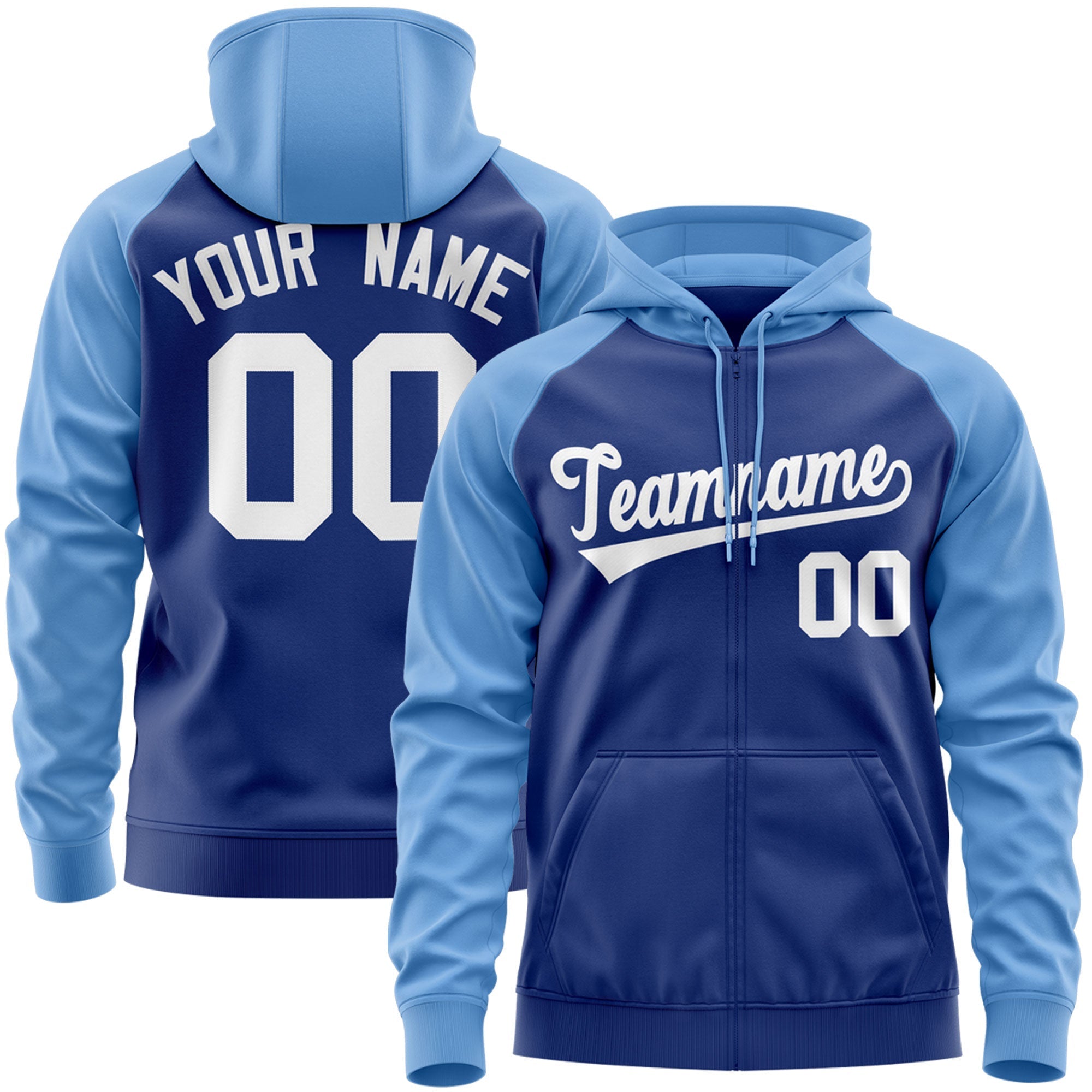 Custom Stitched Royal White-Light Blue Raglan Sleeves Sports Full-Zip Sweatshirt Hoodie| KXKSHOP