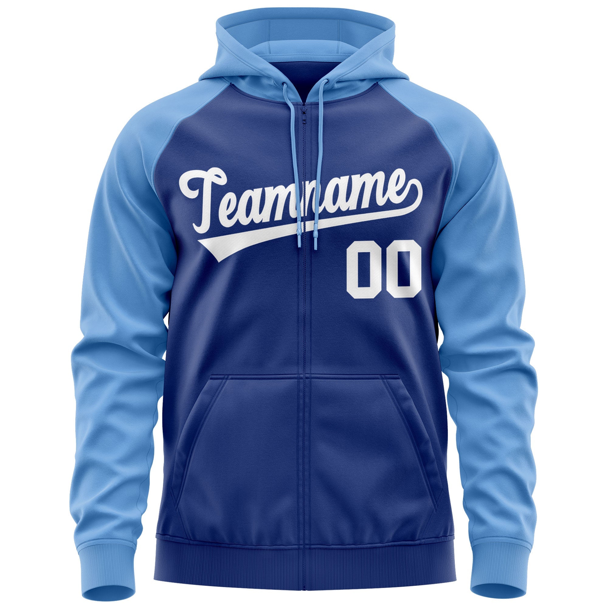 Custom Stitched Royal White-Light Blue Raglan Sleeves Sports Full-Zip Sweatshirt Hoodie| KXKSHOP