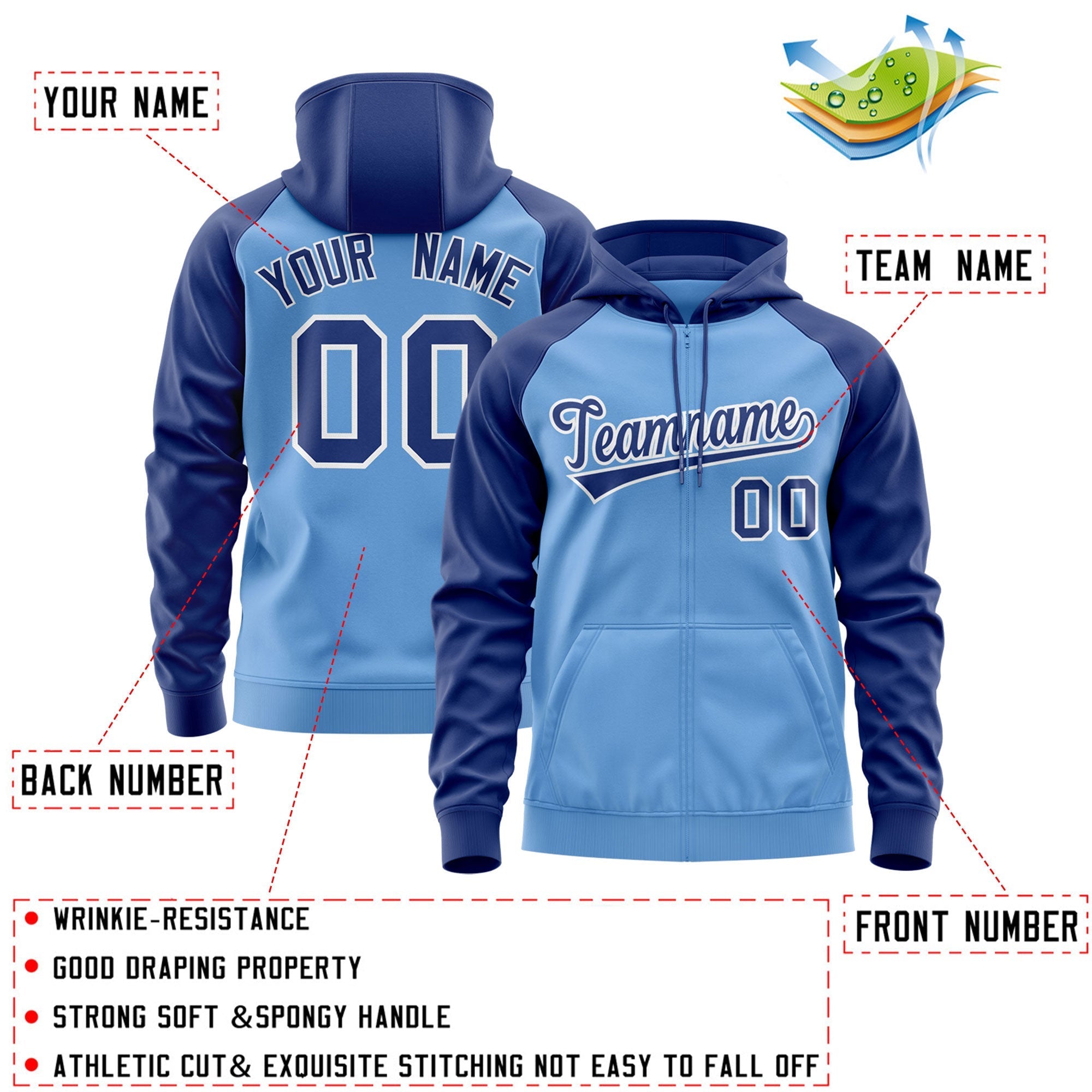 Custom Stitched Light Blue Royal-White Raglan Sleeves Sports Full-Zip Sweatshirt Hoodie| KXKSHOP
