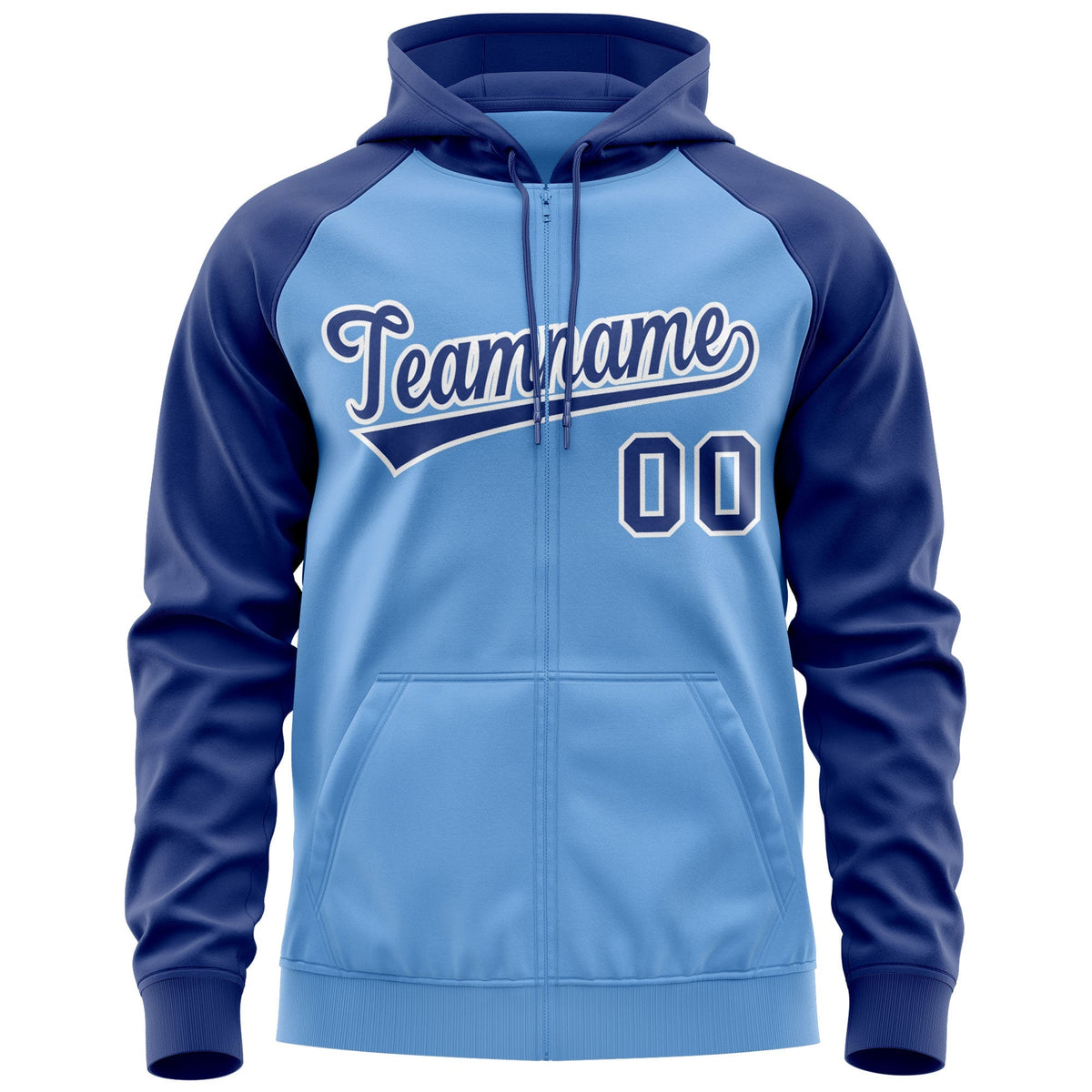 Custom Stitched Light Blue Royal-White Raglan Sleeves Sports Full-Zip Sweatshirt Hoodie| KXKSHOP