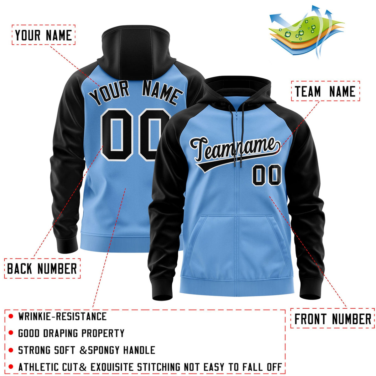 Custom Stitched Light Blue Black-White Raglan Sleeves Sports Full-Zip Sweatshirt Hoodie| KXKSHOP