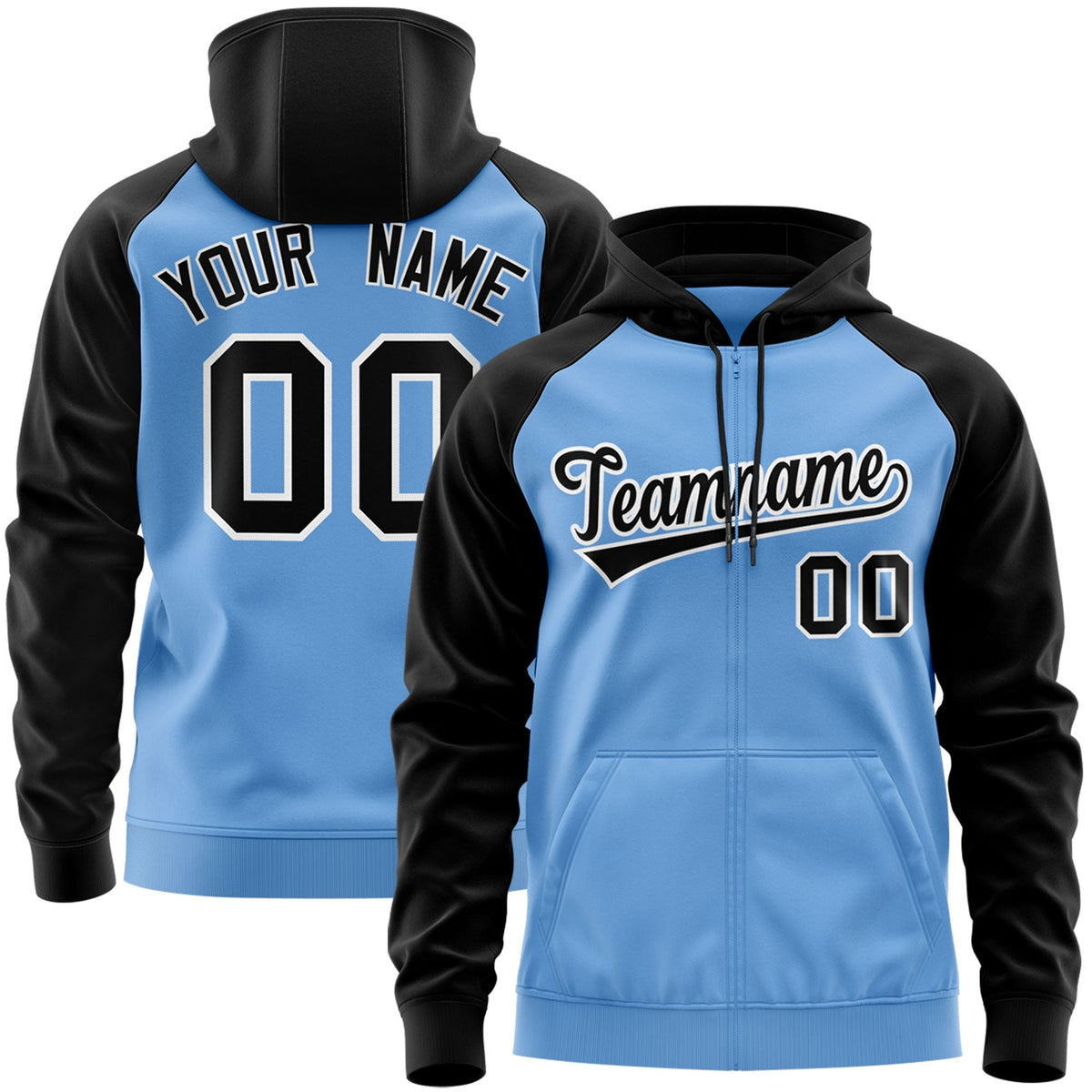 Custom Stitched Light Blue Black-White Raglan Sleeves Sports Full-Zip Sweatshirt Hoodie| KXKSHOP