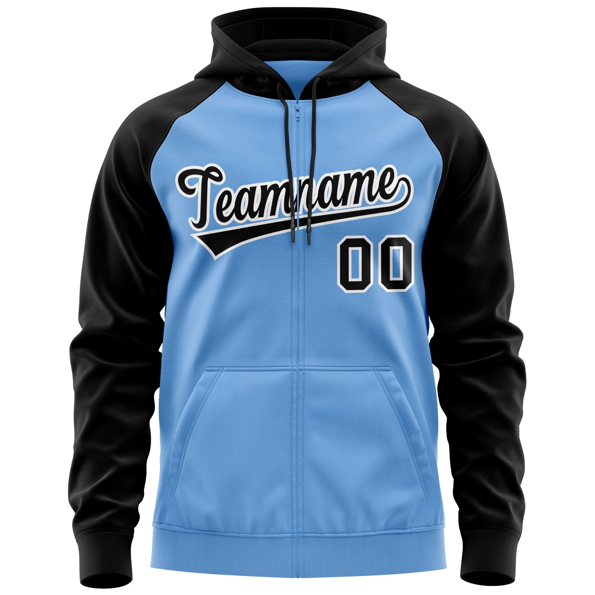 Custom Stitched Light Blue Black-White Raglan Sleeves Sports Full-Zip Sweatshirt Hoodie| KXKSHOP