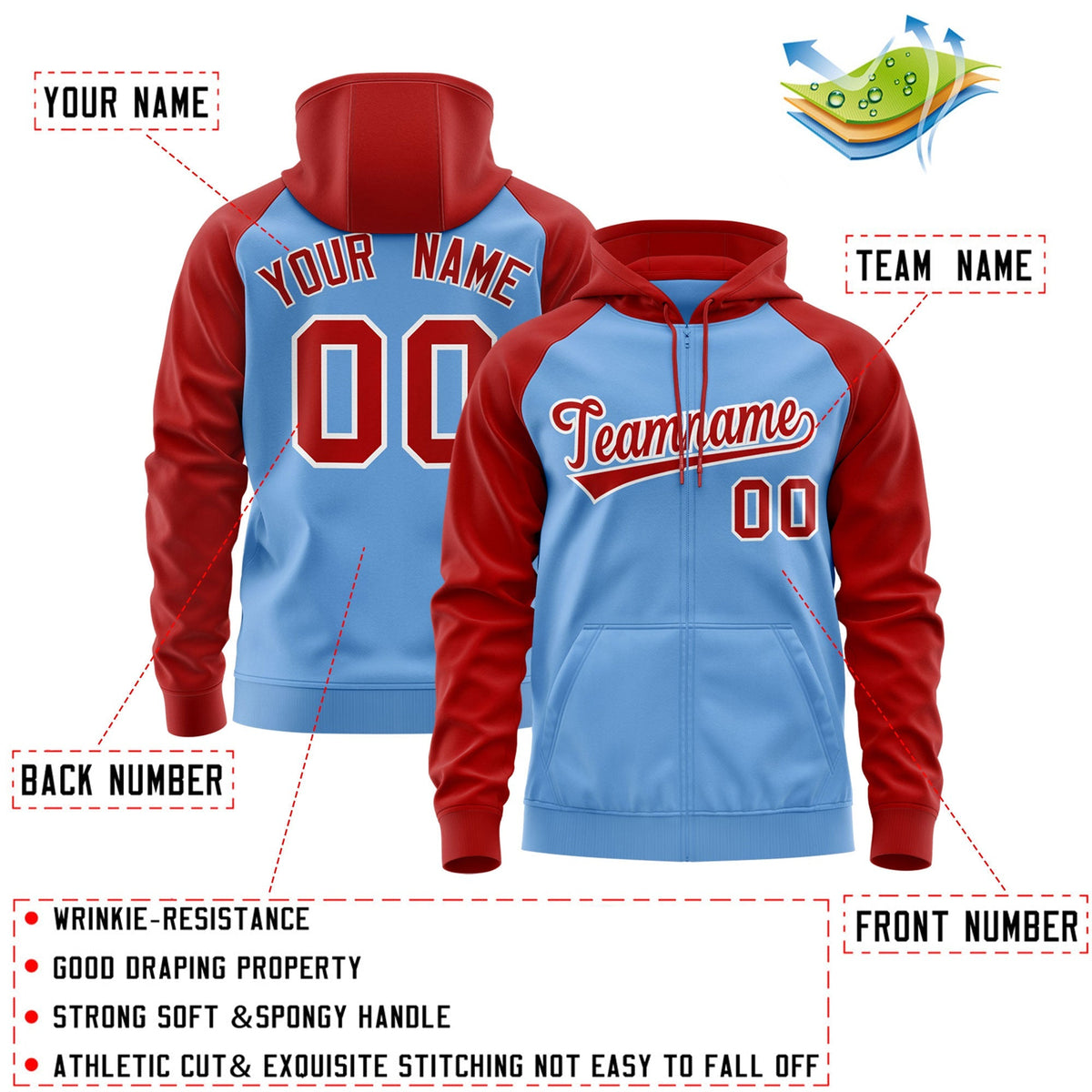 Custom Stitched Light Blue Red-White Raglan Sleeves Sports Full-Zip Sweatshirt Hoodie| KXKSHOP