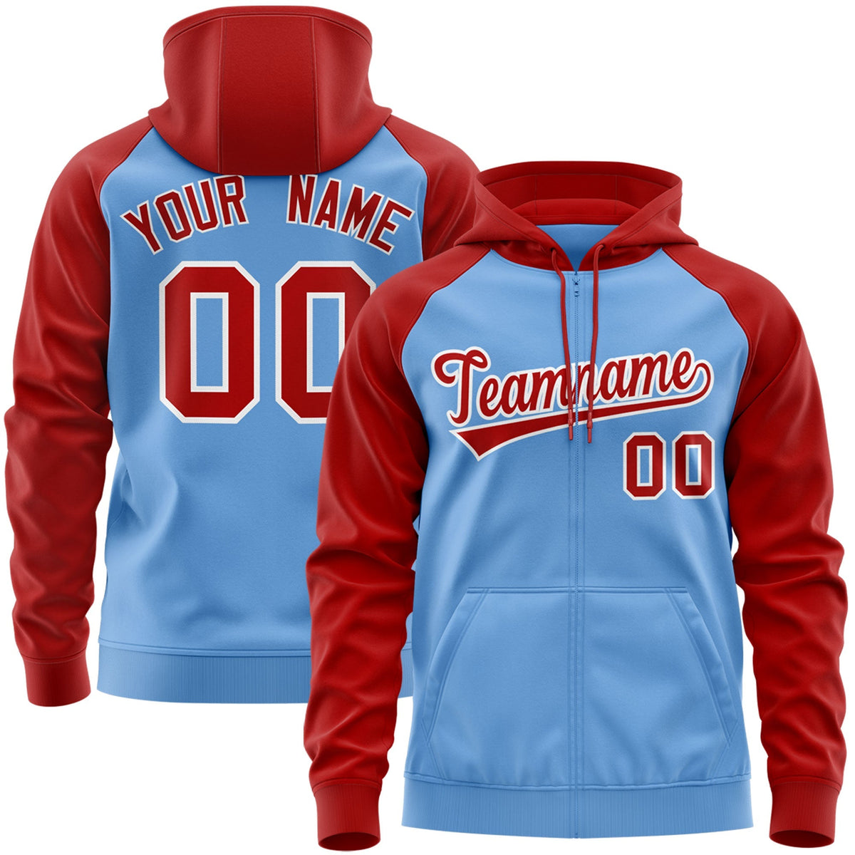 Custom Stitched Light Blue Red-White Raglan Sleeves Sports Full-Zip Sweatshirt Hoodie| KXKSHOP