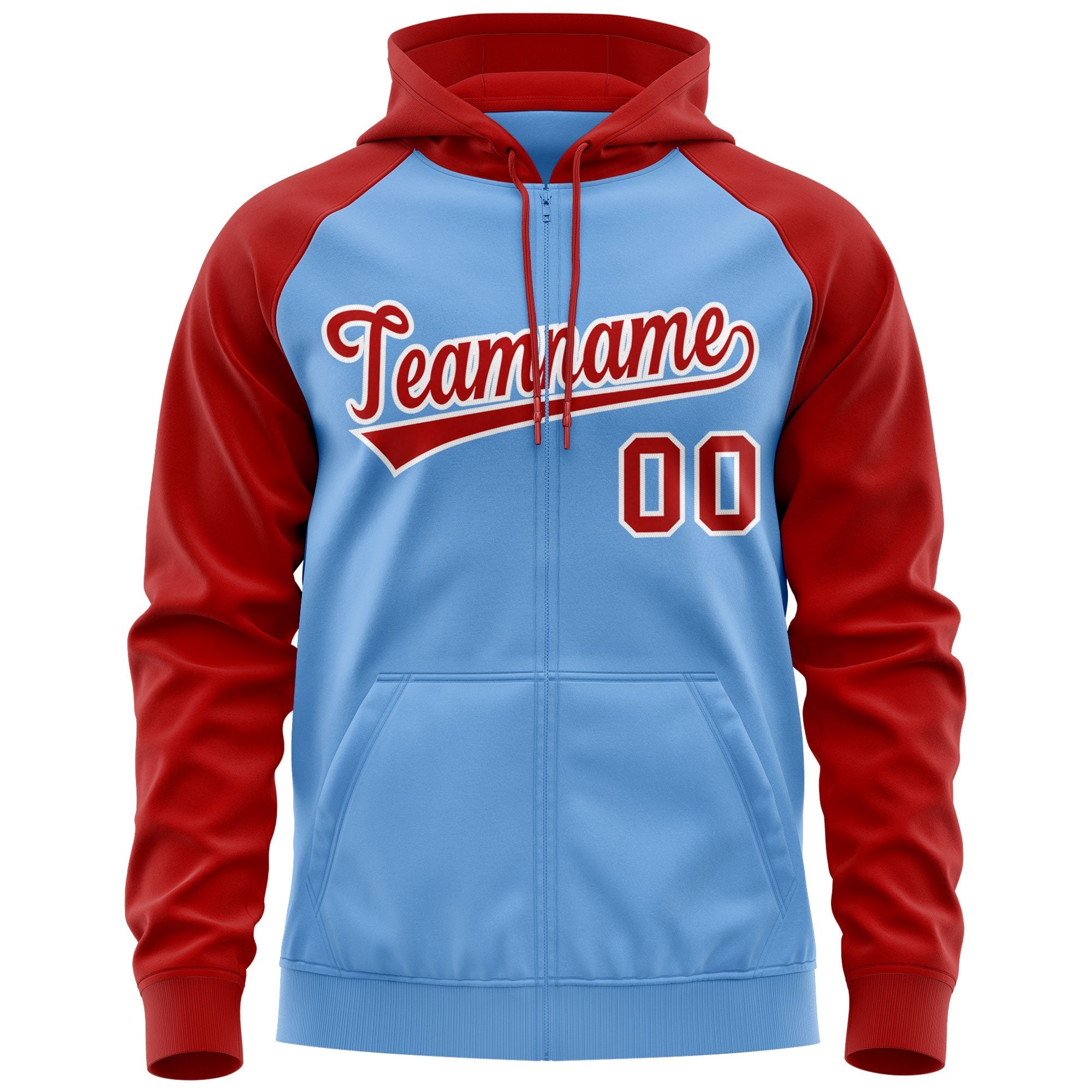 Custom Stitched Light Blue Red-White Raglan Sleeves Sports Full-Zip Sweatshirt Hoodie| KXKSHOP