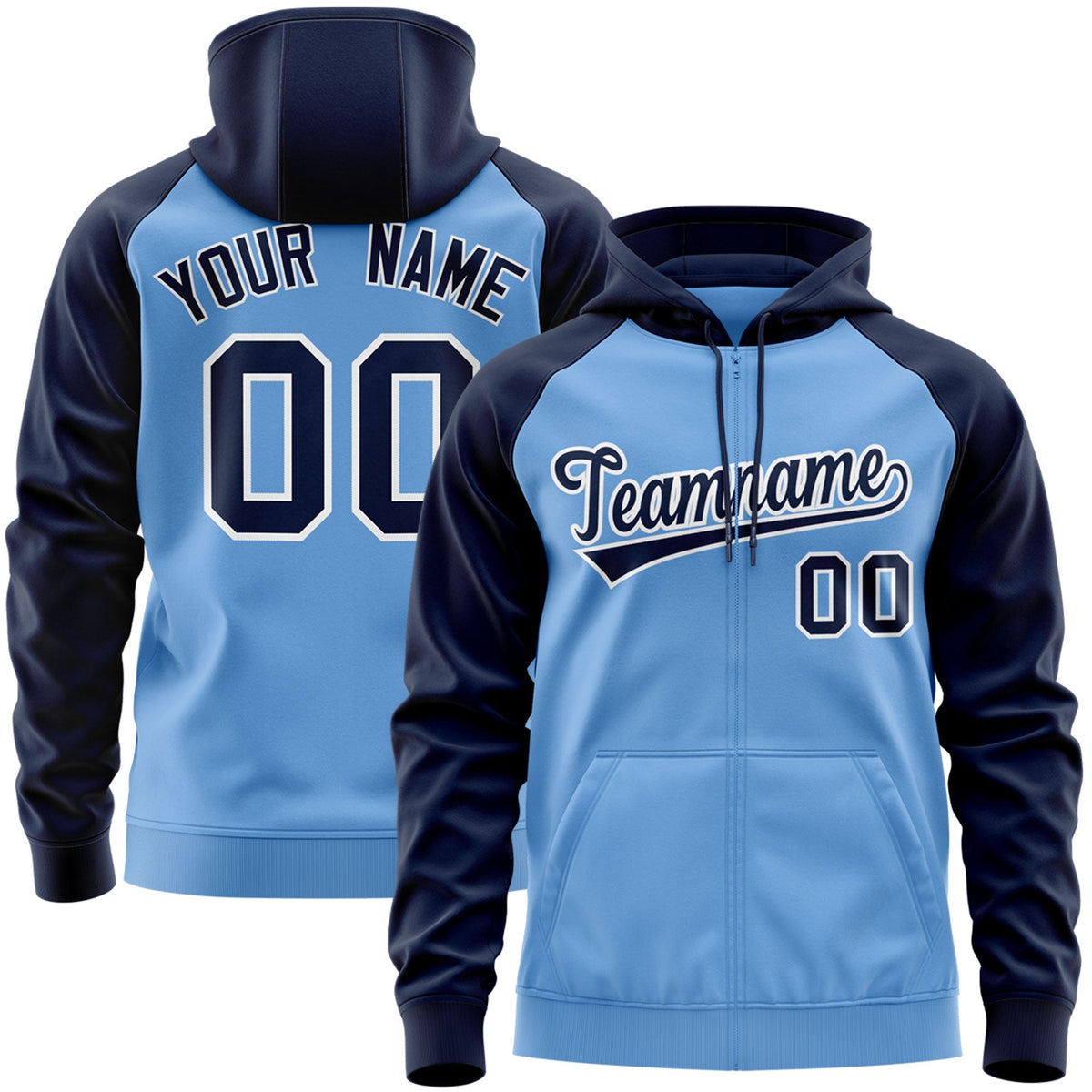 Custom Stitched Light Blue Navy-White Raglan Sleeves Sports Full-Zip Sweatshirt Hoodie| KXKSHOP