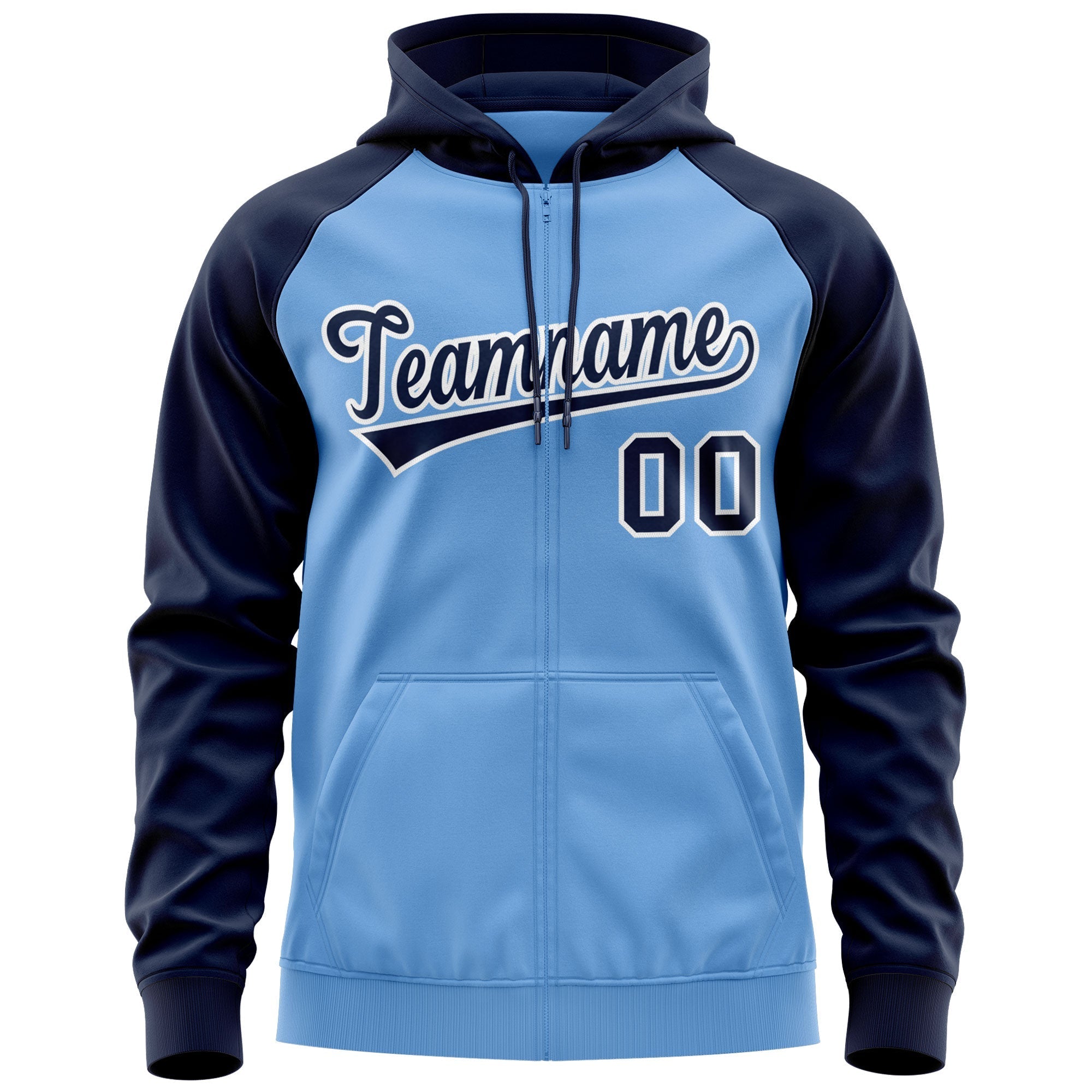 Custom Stitched Light Blue Navy-White Raglan Sleeves Sports Full-Zip Sweatshirt Hoodie| KXKSHOP