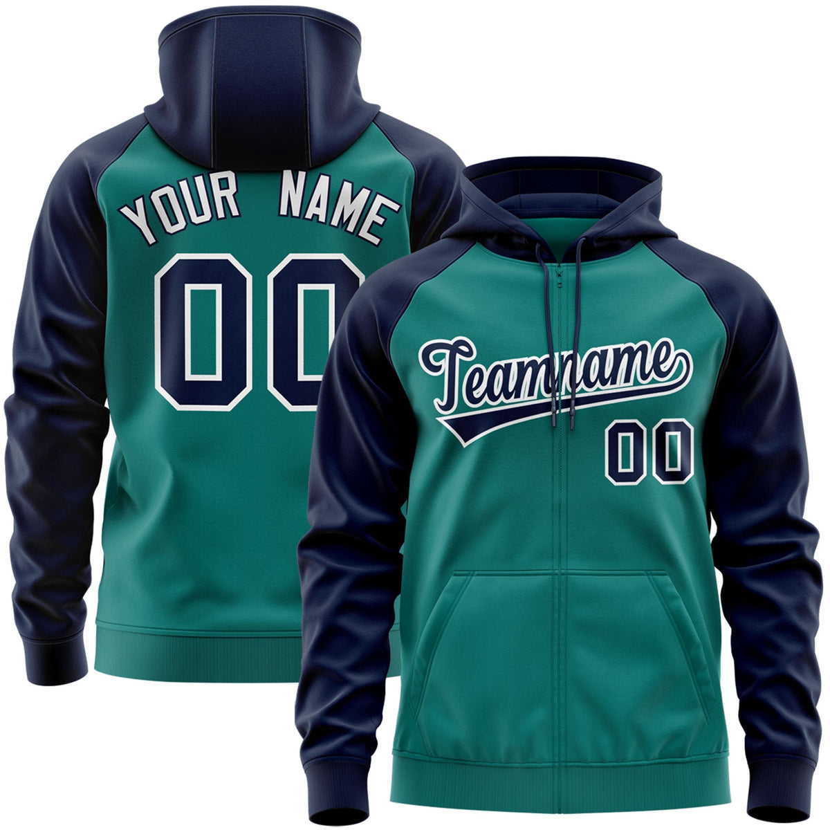 Custom Stitched Aqua Navy-White Raglan Sleeves Sports Full-Zip Sweatshirt Hoodie| KXKSHOP