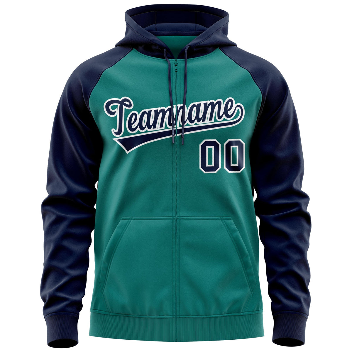 Custom Stitched Aqua Navy-White Raglan Sleeves Sports Full-Zip Sweatshirt Hoodie| KXKSHOP