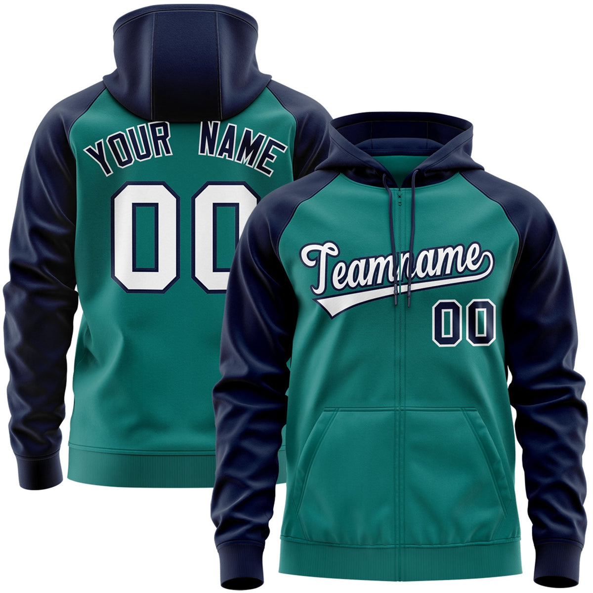 Custom Stitched Aqua White-Navy Raglan Sleeves Sports Full-Zip Sweatshirt Hoodie| KXKSHOP