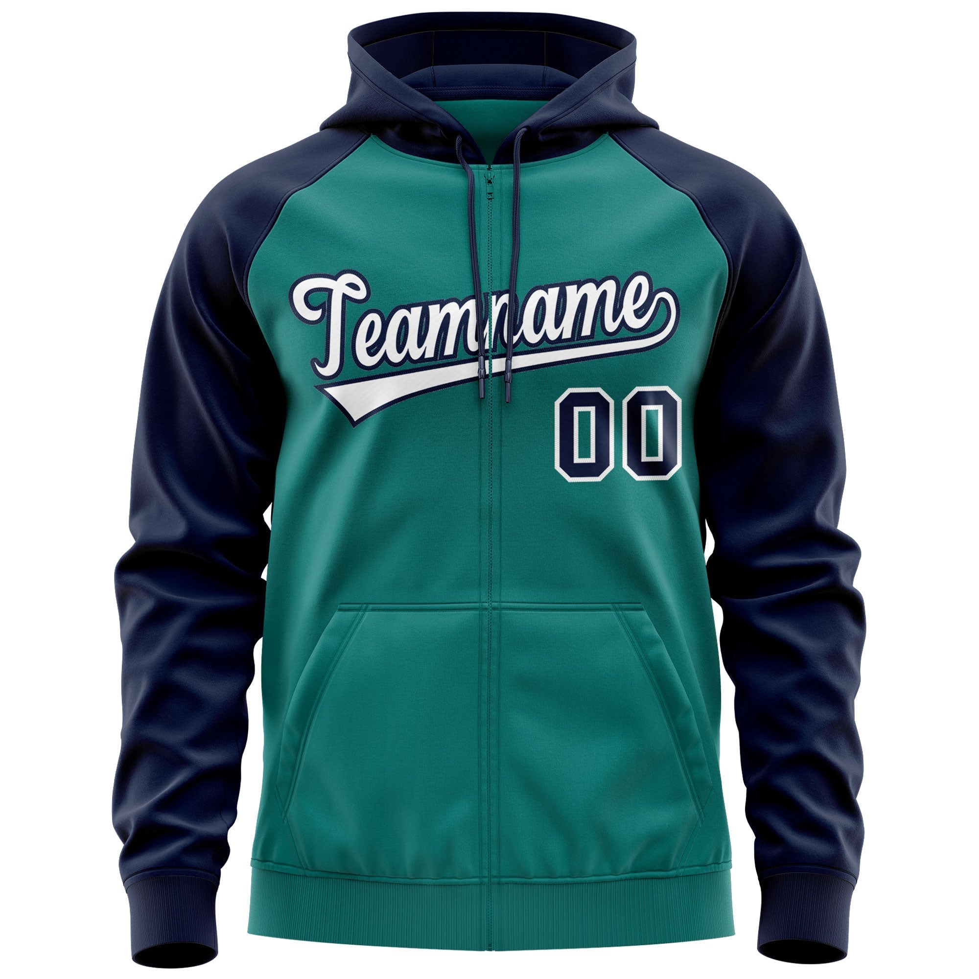 Custom Stitched Aqua White-Navy Raglan Sleeves Sports Full-Zip Sweatshirt Hoodie| KXKSHOP