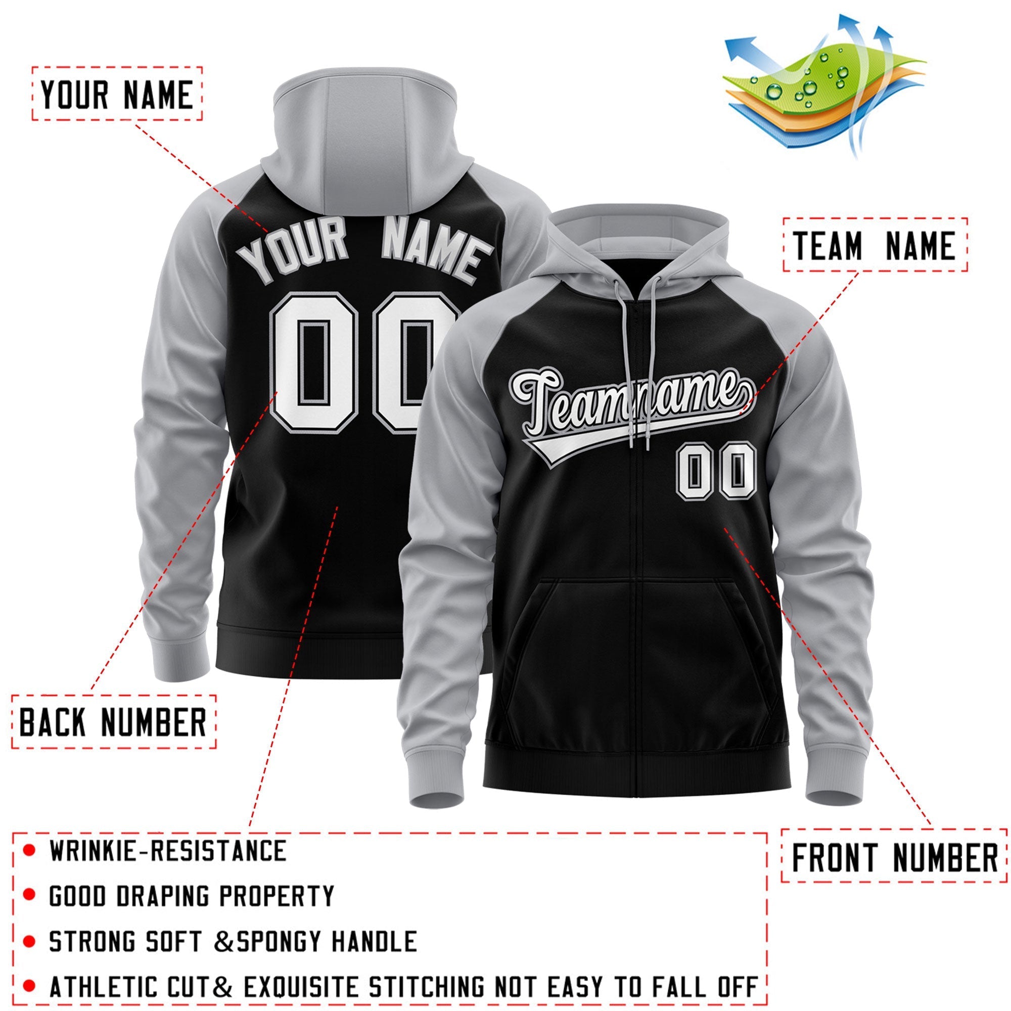 Custom Stitched Black White-Gray Raglan Sleeves Sports Full-Zip Sweatshirt Hoodie| KXKSHOP