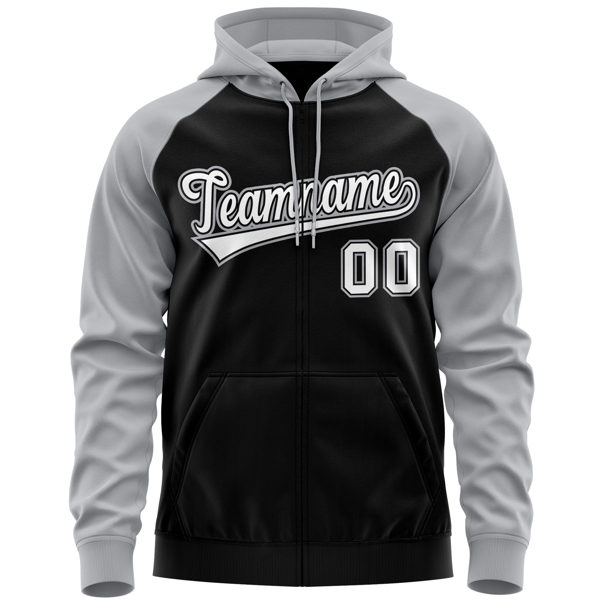 Custom Stitched Black White-Gray Raglan Sleeves Sports Full-Zip Sweatshirt Hoodie| KXKSHOP