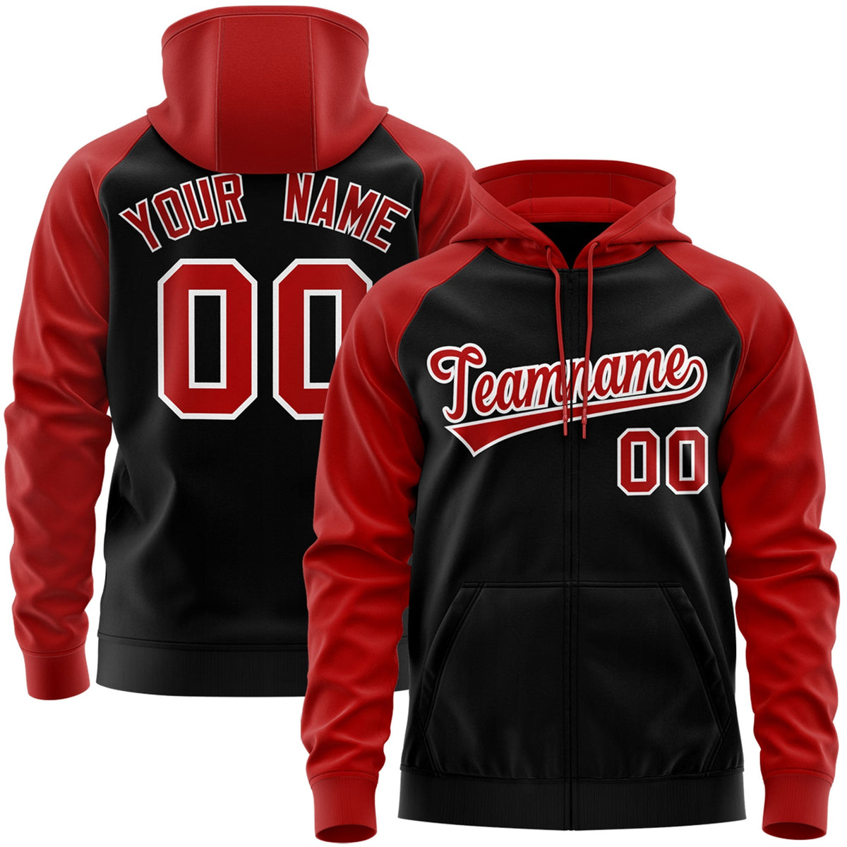 Custom Stitched Black Red-White Raglan Sleeves Sports Full-Zip Sweatshirt Hoodie| KXKSHOP