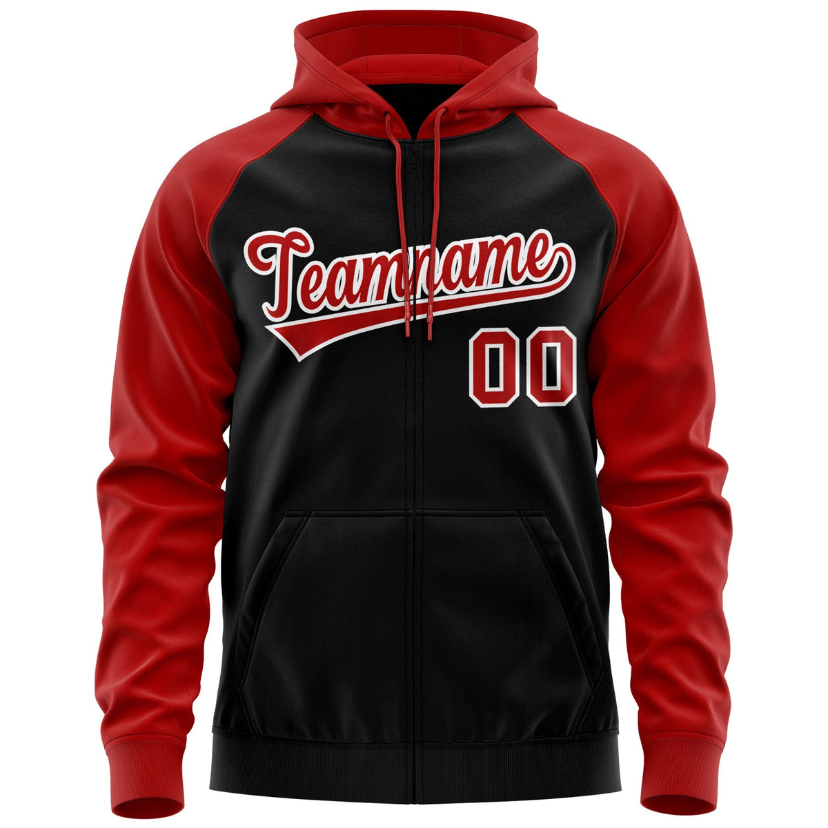 Custom Stitched Black Red-White Raglan Sleeves Sports Full-Zip Sweatshirt Hoodie| KXKSHOP