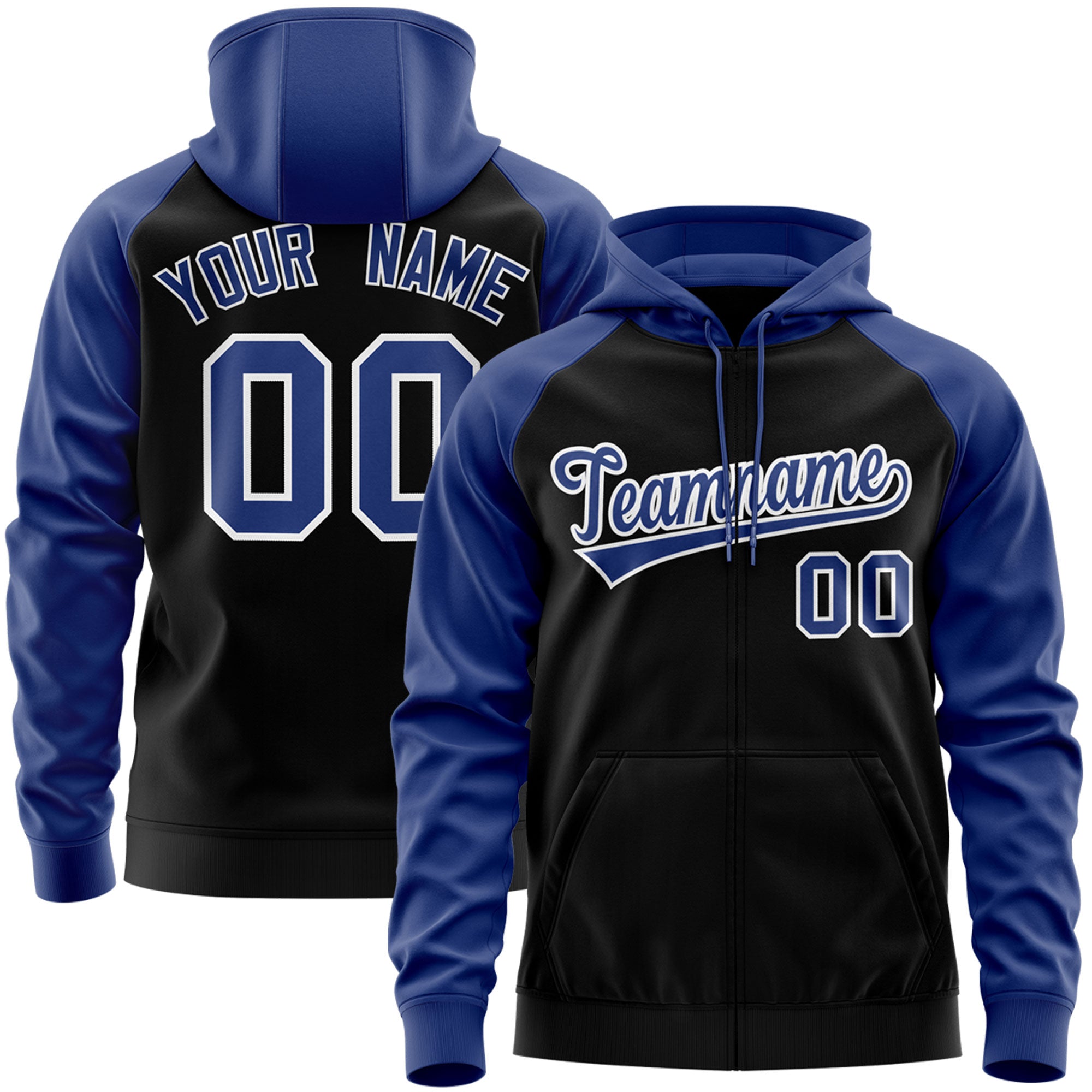 Custom Stitched Black Royal-White Raglan Sleeves Sports Full-Zip Sweatshirt Hoodie| KXKSHOP